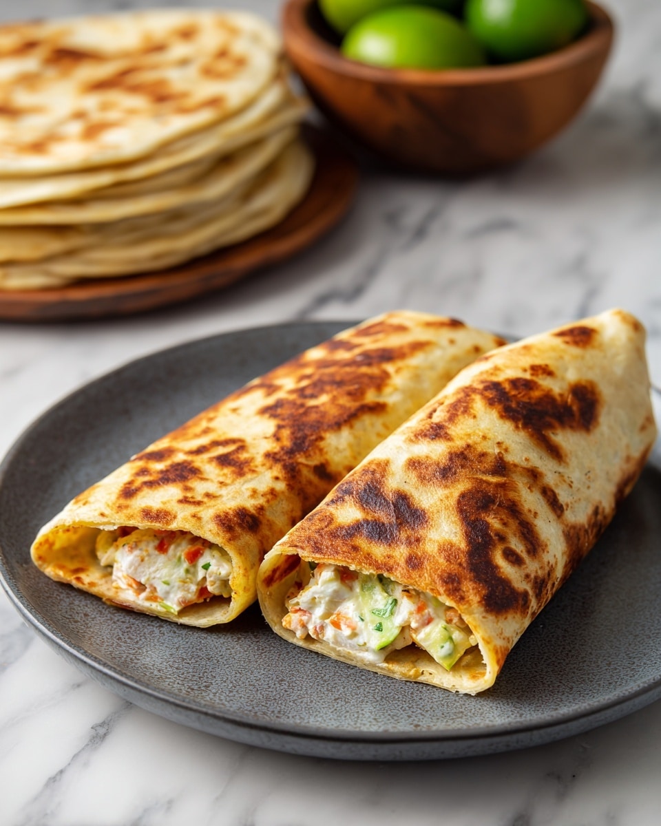 Two pieces of grilled wrap are on a dark gray plate, each showing a golden-brown toasted surface with some darker spots. One wrap is whole, and the other is cut in half, showing the inside with white chunks, light green, and red bits that look like fresh vegetables and cooked filling. The wraps have a simple, flat texture with folded edges on top. In the background, more wraps are stacked, all with the same toasted look, sitting on a white marbled surface. A wooden bowl with green limes is partially visible on the left side. Photo taken with an iphone --ar 4:5 --v 7