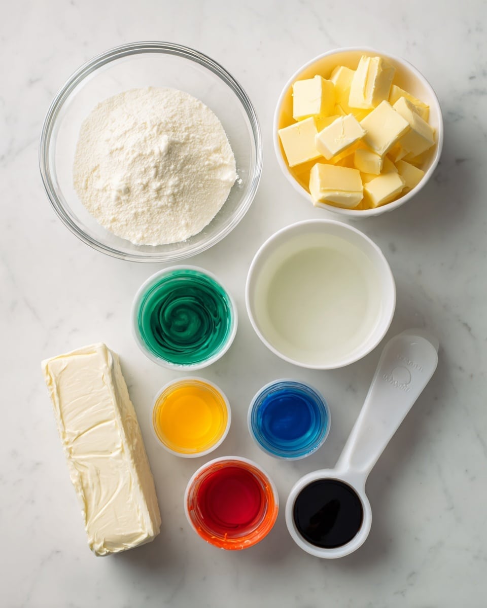 A top-down view of several cooking ingredients neatly placed on a white marbled surface. In the center is a large transparent bowl filled with a fine,To the right, a small white bowl holds a clear liquid and below it, another white bowl contains chunks of yellow butter with On the left bottom corner, an unwrapped block of white cream cheese is visible Near the bottom right corner, a white measuring spoon has some dark liquidBelow that, five small plastic containers hold food coloring in dark green, blue, orange, yellow, and red, The setup is clean and organized, with all elements clearly visible. Photo taken with an iphone --ar 4:5 --v 7