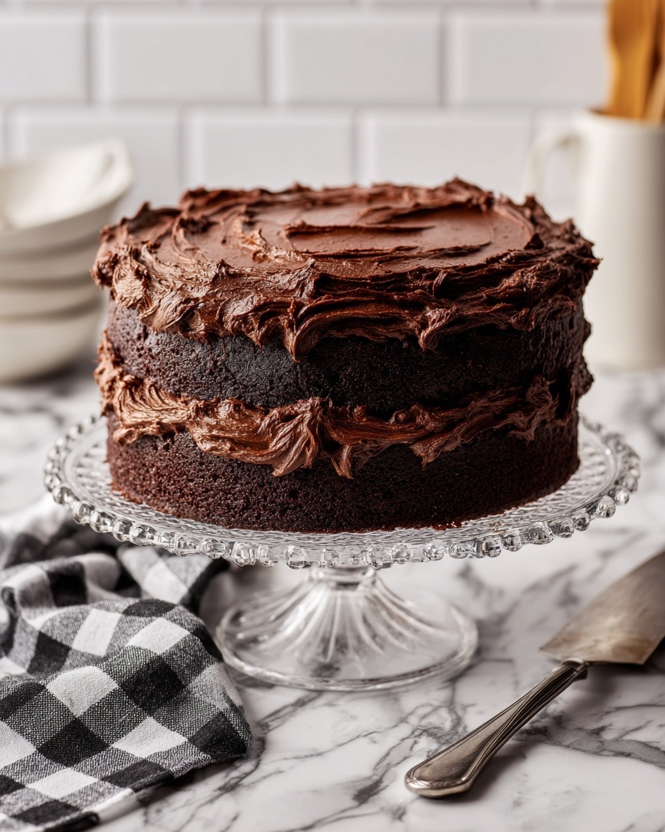 A round chocolate cake with three layers is shown, covered all over with thick, dark chocolate frosting that has rough, swirled texture all around the sides and top. The cake sits on a clear glass cake stand with a decorative edge, set against a white marbled surface. In the foreground, a checkered black and white cloth and a silver cake server are partly visible. The background shows a white tiled wall. photo taken with an iphone --ar 4:5 --v 7