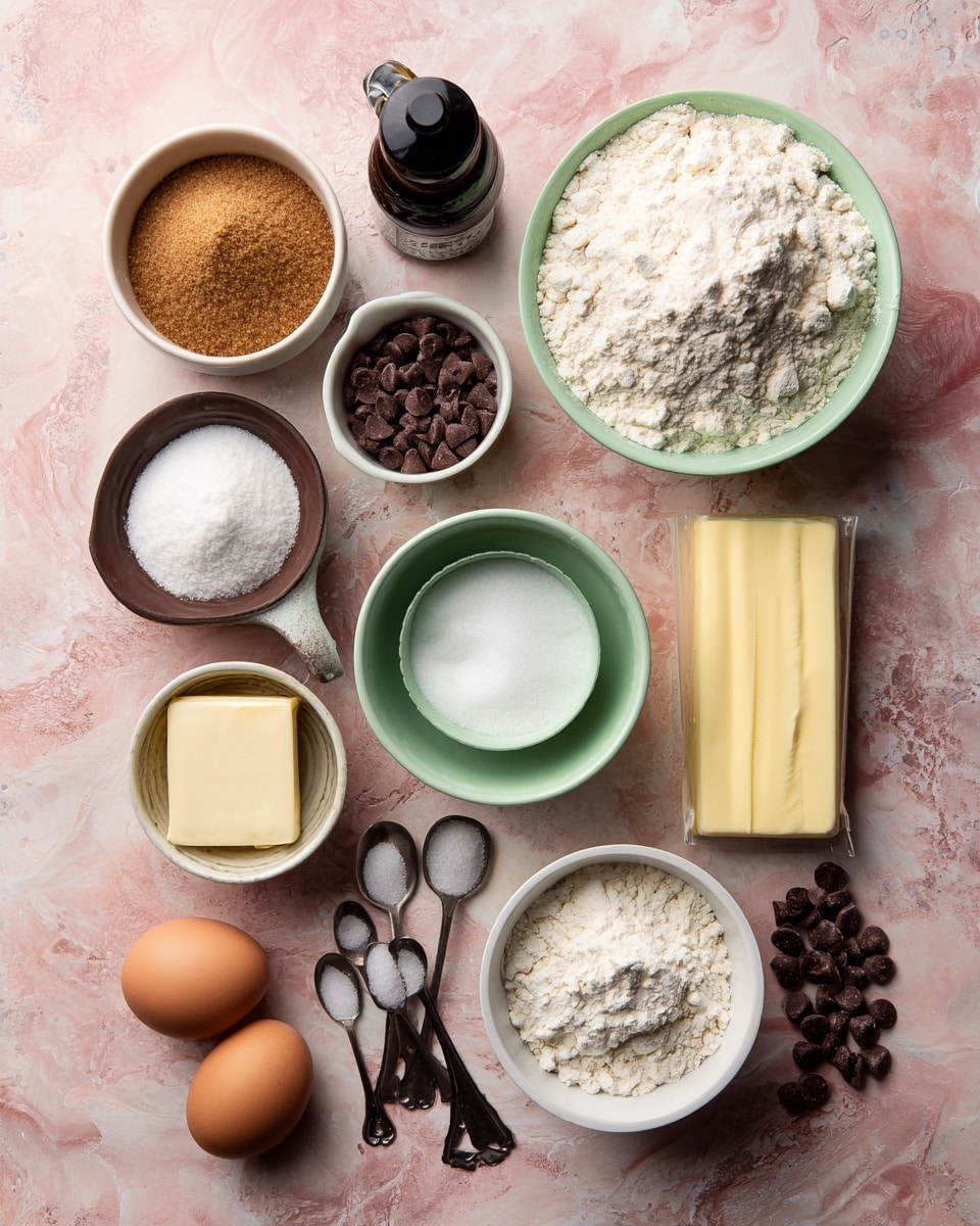 The image shows cookie ingredients arranged on a soft pink background with a white marbled texture. At the top right, there is a bowl filled with a white flour powder. To the left of it, a measuring cup is filled with brown sugar and some chocolate chips scattered nearby. Below the flour, there is a small black bottle of vanilla extract. A green bowl filled with white sugar is near the center. At the bottom right, a white bowl contains cornstarch. Two brown eggs rest near the bottom center. On the bottom left, there is a stick of butter, a small salt shaker, and three black measuring spoons filled with white baking powder and baking soda. A yellow package of Nestlé Toll House milk chocolate chips is also near the bottom right side. Chocolate chips are scattered around the items. Photo taken with an iphone --ar 4:5 --v 7