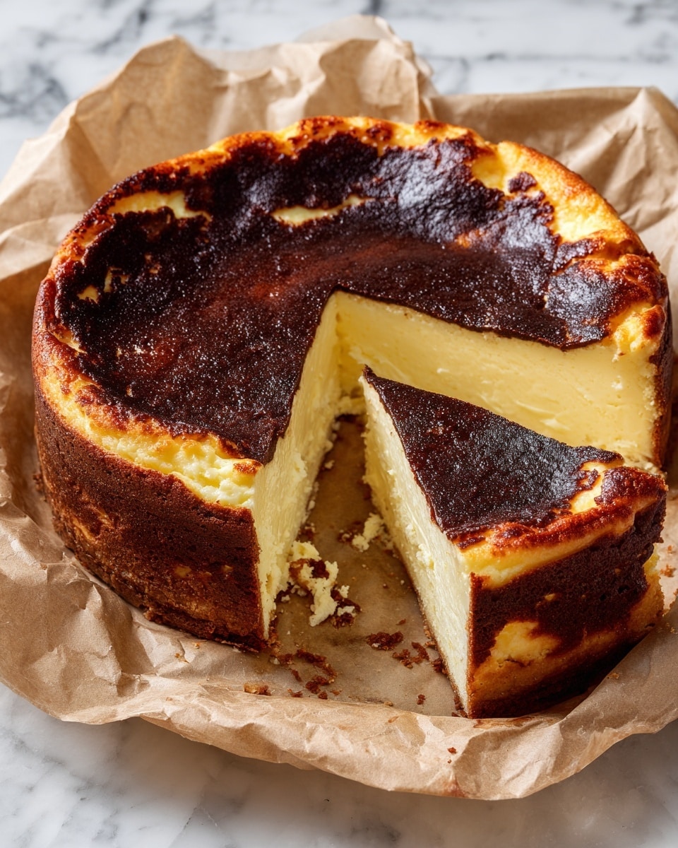 A round, sliced cake with a dark brown top and a light creamy yellow inside sits on crumpled parchment paper on a white marbled surface. The cake has one piece taken out and slightly pulled away to show its smooth, fluffy texture. The edges of the cake are golden brown with some darker spots, giving it a toasted look. The parchment paper underneath has some browned marks and crumbs near the cake photo taken with an iphone --ar 4:5 --v 7