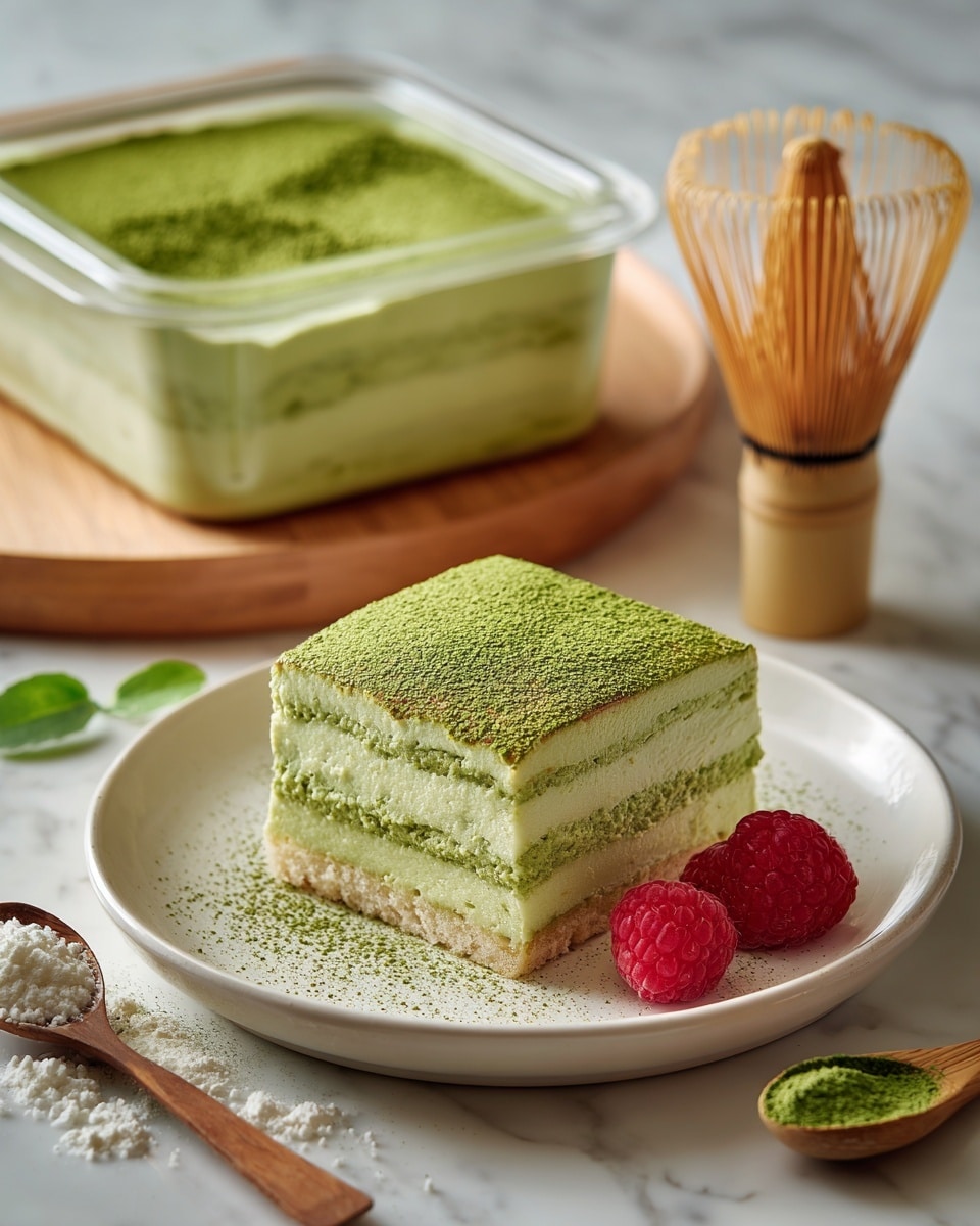 A square piece of green layered dessert sits on a white plate, dusted heavily on top with fine green powder. The dessert has three visible creamy layers with a light green color, separated by thin layers of a slightly darker, textured base. Next to the dessert on the plate are two bright red raspberries with small green leaves. Behind the plate on a wooden board is a clear container holding the same green layered dessert, showing its sides and layered texture. A traditional bamboo whisk and a small spoon with white powder on a wooden handle lay on the white marbled surface around the plate. photo taken with an iphone --ar 4:5 --v 7