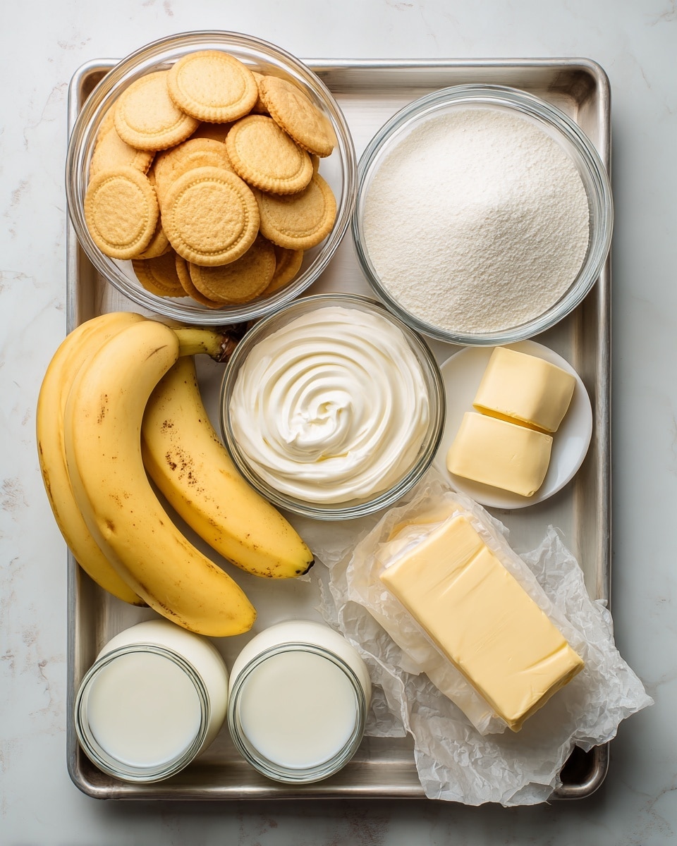 A collection of baking ingredients is displayed on a metal tray with a white marbled background. On the top left, a clear glass bowl is filled with golden-brown round Nilla wafers. To the right of the bowl is a glass bowl full of white sugar, and next to it on a small white plate are two light yellow pats of butter. In the center-left, a cluster of three yellow bananas with some brown spots lay side by side. Underneath the bananas is a small clear bowl holding a swirl of white sour cream. Toward the bottom left, three white eggs are placed near two small glass jars filled with cream and milk, both showing a creamy white liquid. Towards the right bottom corner of the tray, a block of pale cream cheese rests on crumpled parchment paper inside a small rectangular tray. The whole image looks clean and well-organized, capturing the various textures and creamy to crunchy colors of the ingredients. Photo taken with an iphone --ar 4:5 --v 7