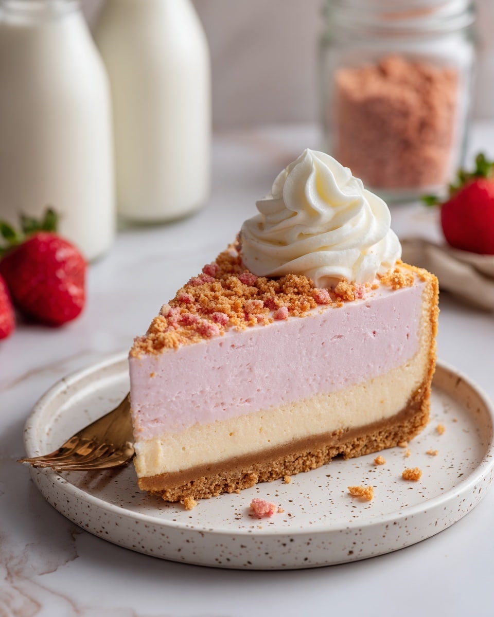 A slice of creamy light pink cheesecake is placed on a speckled white plate. The cheesecake has three layers: a pale beige crust at the bottom, a thick smooth pink middle layer, and a crumbly reddish topping with small chunks. On one side of the slice, there is a swirl of bright white whipped cream with a soft, fluffy texture. In the background, there are two glass bottles filled with white liquid, a jar with reddish crumbs, and two fresh strawberries on a white marbled surface. The photo taken with an iphone --ar 4:5 --v 7