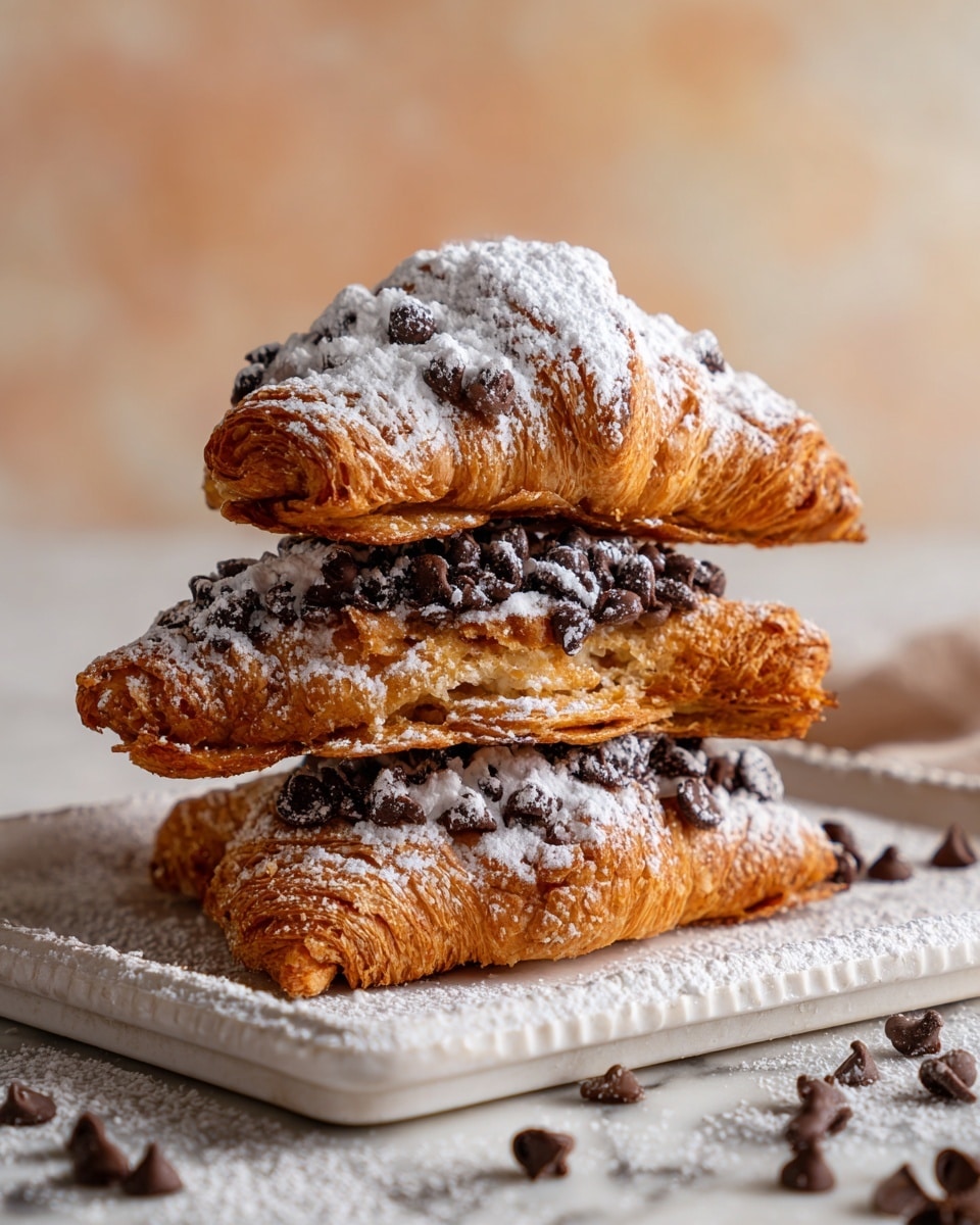 The image shows a close-up of three folded croissants stacked on a white tray with textured edges, all covered with a brown cookie dough layer mixed with dark chocolate chips on top. The top layer is crumbly and slightly uneven, with visible ridges of the flaky, golden-brown croissant peeking through underneath. There is a light dusting of powdered sugar scattered over the cookie dough and croissant layers. Around the tray, several loose dark chocolate chips are scattered on a white marbled surface. The background is softly blurred with a warm beige tone, drawing attention to the three croissants in the front. photo taken with an iphone --ar 4:5 --v 7