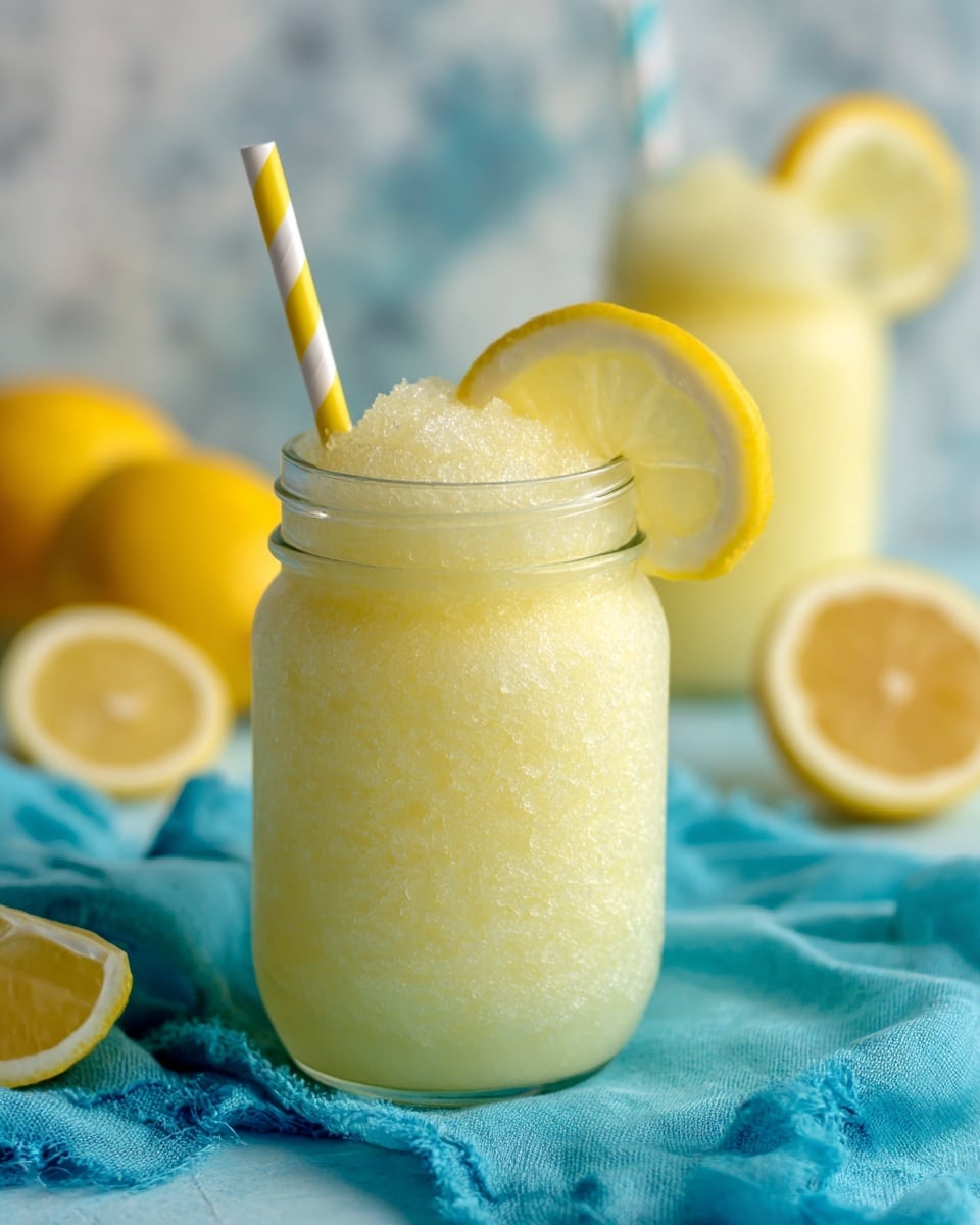 A clear glass jar filled with a pale yellow frozen lemonade drink, showing a smooth, icy texture on top. On the rim of the jar, a bright yellow lemon wedge is placed, and a white and yellow striped paper straw sticks out from the drink. The jar sits on a bright blue cloth, with blurred lemon slices and another jar of lemonade visible in the soft white marbled background. The photo taken with an iphone --ar 4:5 --v 7