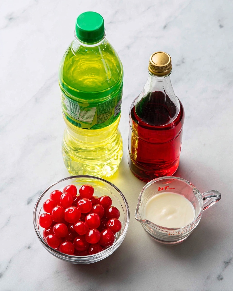 The image shows four ingredients arranged on a white marbled surface: a large clear plastic bottle of lemon-lime soda with a green cap and a yellow and green label on the left, a smaller clear glass bottle of red grenadine with a gold cap on the right, a clear glass bowl filled with shiny bright red maraschino cherries in front of the bottles, and a clear glass measuring cup with a small amount of creamy white vanilla coffee creamer on the right front side. All items are neatly placed in a simple, bright setting. photo taken with an iphone --ar 4:5 --v 7
