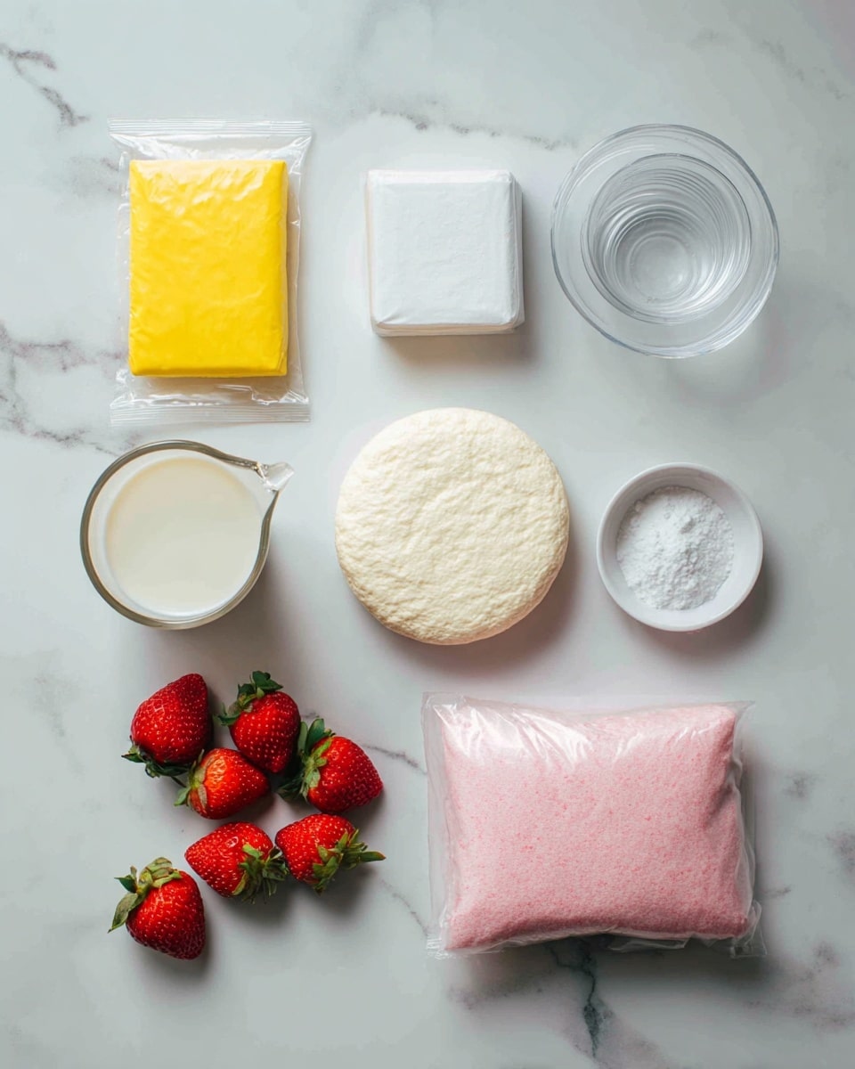 The image shows ingredients for a dessert laid out on a white marbled surface. There is a yellow package of Golden Oreo cookies on the top left, a small white box of Jell-O cheesecake pudding mix near the center, a round white container of Cool Whip original at the bottom right, and a pink package of freeze dried strawberry fruit crisps on the bottom left. Fresh strawberries are scattered around between the packages, along with a small clear measuring cup filled with milk and a small white bowl filled with sugar on the top right. A stack of clear plastic cups is also visible near the sugar bowl. photo taken with an iphone --ar 4:5 --v 7