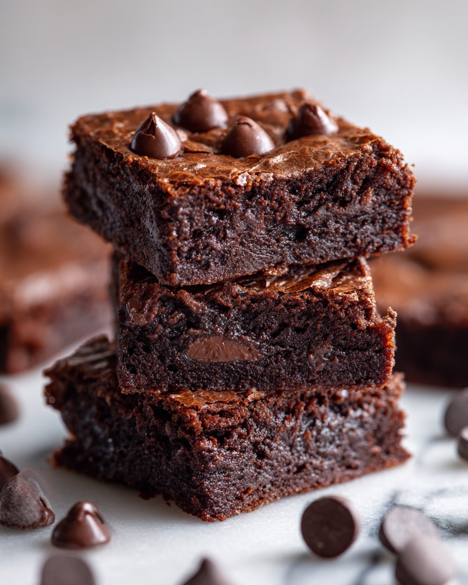 A stack of three thick, square chocolate brownies shows a crumbly but moist texture with small chocolate chips inside each layer. The top brownie has a few larger chocolate drops on top, adding contrast with their smooth, shiny surface. Around the stack, more brownies and chocolate drops are scattered on a white marbled surface. The background is softly blurred, keeping focus on the rich brown color and detailed texture of the brownies. photo taken with an iphone --ar 4:5 --v 7