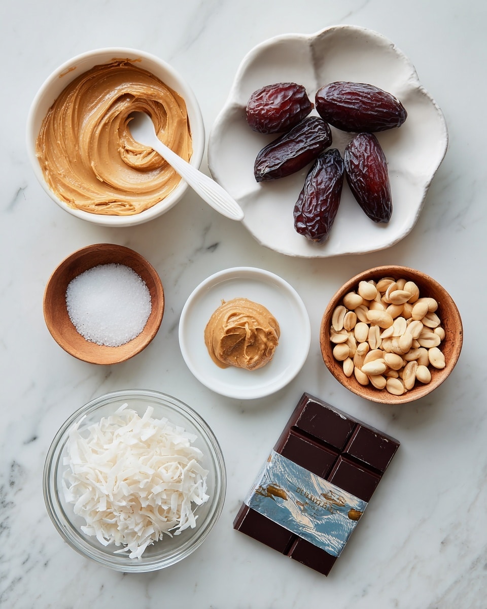 The image shows six ingredients placed on a white marbled surface. At the top left is a white bowl filled with creamy peanut butter with a white spatula inside. To the right is a white scalloped plate holding five dark brown dates. Below the peanut butter is another white bowl filled with shelled peanuts. In the center is a small white plate with a dollop of light brown miso paste. At the bottom right is a partially unwrapped dark chocolate bar resting on its blue packaging with silver and gold foil. At the bottom left is a small wooden bowl containing fine white salt, and next to it is a clear glass bowl filled with shredded white coconut. The arrangement is neat and minimal. Photo taken with an iphone --ar 4:5 --v 7