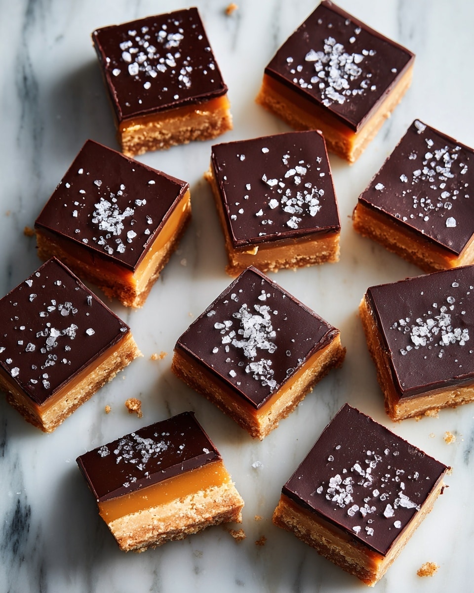 Nine squares of a dessert are placed on a white marbled surface. Each square has three distinct layers: a bottom layer of light brown, crumbly texture, a thick middle layer of caramel in a golden brown shade, and a smooth top layer of dark chocolate with a matte finish. The dark chocolate layer is sprinkled with coarse flakes of sea salt scattered evenly across the surface. The edges of some squares show a bit of the caramel peeking through the chocolate, with crumbly bits around the dessert pieces. One square is slightly separated from the main group. Photo taken with an iphone --ar 4:5 --v 7