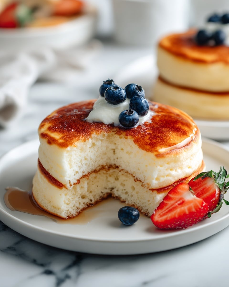 The dish shows two thick, fluffy pancakes stacked on a white plate with a smooth, light golden color on the top and sides. On the top pancake, there are a few blueberries and a small dollop of white cream or butter. Around the base of the stack, there are a few more blueberries and two thin slices of red strawberry leaning against the pancakes. The plate is placed on a surface with a white marbled texture, and the background is softly blurred with some additional pancakes and white items barely visible. photo taken with an iphone --ar 4:5 --v 7