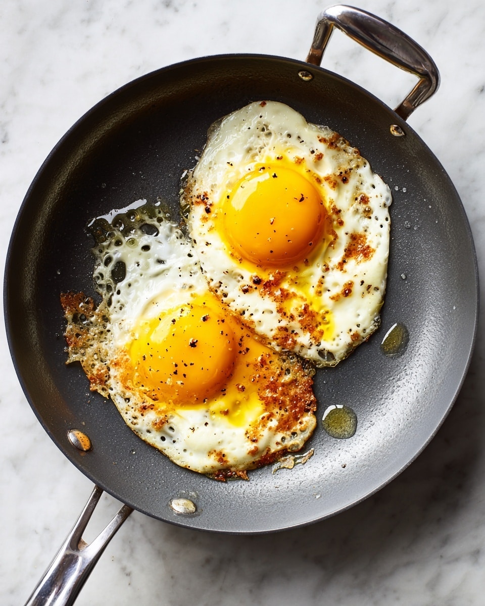 A dark gray pan with a metal handle holds two sunny-side-up eggs frying in oil. Each egg has a bright yellow yolk center surrounded by white edges, with crispy brown bits sprinkled mostly on the edges and some on the whites. The oil glistens around and partially under the eggs, creating small reflections. The pan is resting on a white marbled surface. Photo taken with an iphone --ar 4:5 --v 7