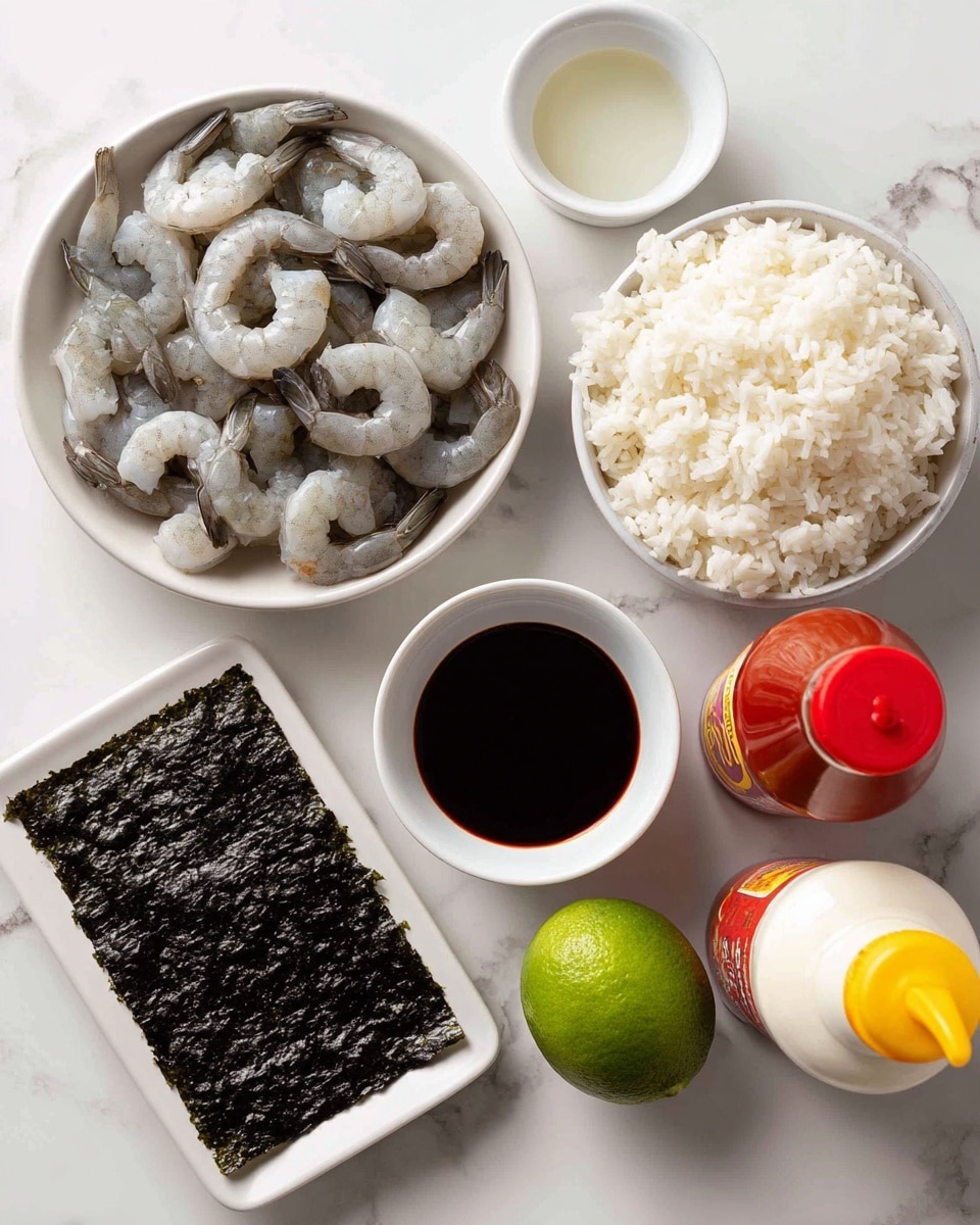 The image shows a top view of various ingredients on a white marbled surface. On the left side, there is a white bowl filled with raw shrimp that are pale gray with dark tails. To the right of the shrimp bowl, there is a white bowl full of cooked white rice with a fluffy texture. Below the shrimp bowl, there is a rectangular sheet of dark toasted nori with a textured surface. Near the center, a small white dish contains dark tamari sauce. Below this, a bright green lime rests on the surface. At the bottom right corner, there is a white bottle of mayonnaise with a red cap, and next to it is a red bottle of sriracha with a yellow cap. At the top, a small white cup holds clear rice vinegar. All items are spaced out clearly on the white marbled surface. Photo taken with an iphone --ar 4:5 --v 7