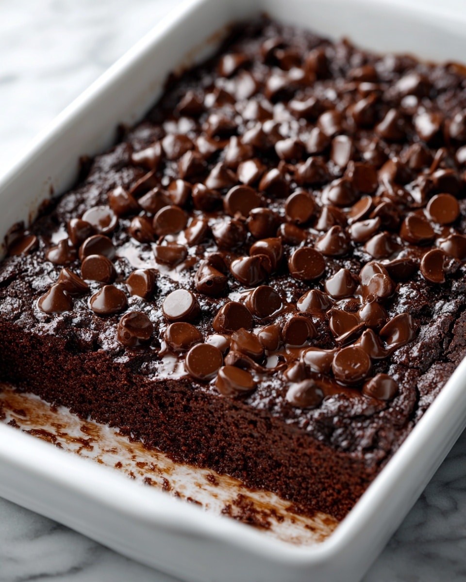 This image shows a baked chocolate dessert in a white rectangular baking dish set on a white marbled surface. It has one thick layer of rich, dark brown chocolate cake with a slightly cracked and textured top. The top is generously covered with glossy, slightly melted chocolate chips scattered all over, creating a bumpy, shiny surface with various sizes of chips. The edges of the dessert are darker and firm, with some chocolate spread onto the sides of the dish. photo taken with an iphone --ar 4:5 --v 7