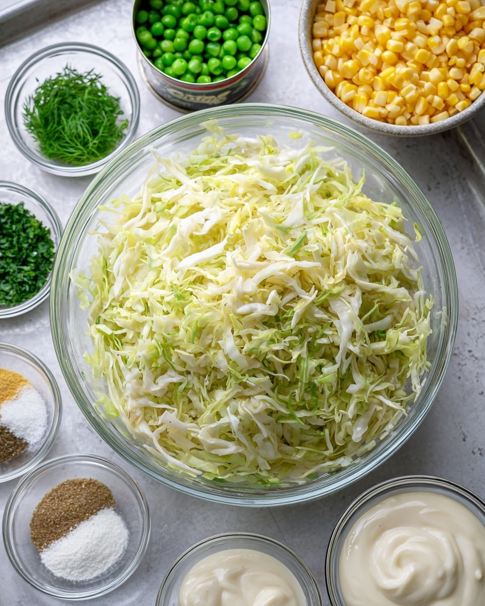 The image shows a large clear glass bowl filled with shredded pale yellow and light green cabbage, placed on a silver baking tray with a white marbled texture background. Around the bowl, small clear glass bowls hold fresh chopped green herbs, light green dill, white powder, light brown powder, and a pale yellow liquid. Two cans of vegetables, one with bright green peas in a green and white bag, and another with yellow corn in a green can, are placed near the bowl. In the bottom right, three small clear glass bowls contain smooth, creamy white sauces. Photo taken with an iphone --ar 4:5 --v 7