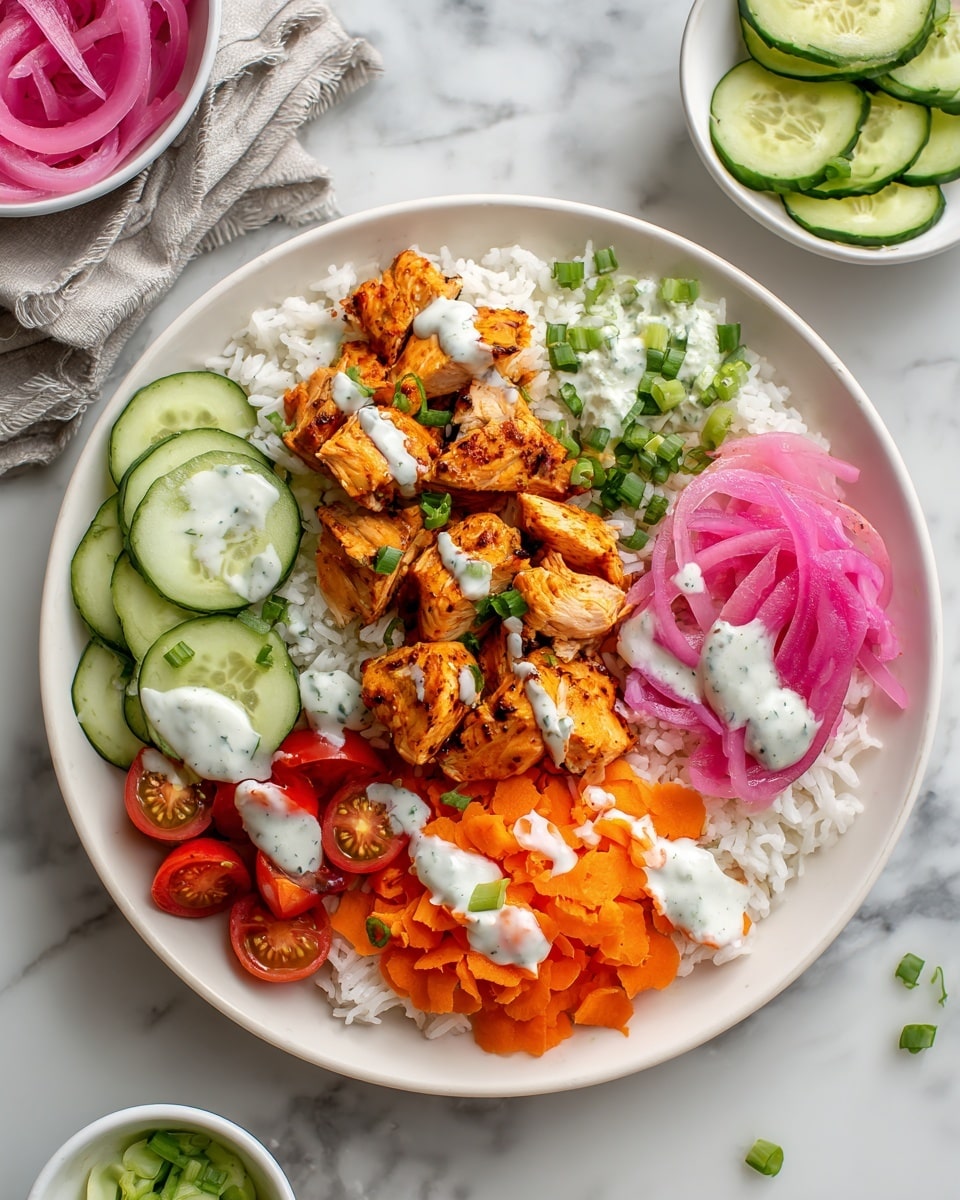 A white plate holds a colorful dish with five main layers arranged side by side. On the bottom right is a layer of white rice topped with slices of light green cucumber with darker green edges. Above the rice are bright orange small diced carrots mixed with green chopped scallions. To the right of the carrots and rice is a section of sliced cucumbers drizzled with a white creamy sauce. The top layer is grilled pieces of orange-brown chicken with a slightly charred texture. The bottom left side has halved red cherry tomatoes with the same white sauce drizzled over them. In the center, bright pink pickled onion rings sit atop the sauce and chicken, while scattered chopped green scallions add small green pops across the dish. The plate is set on a white marbled surface with additional small white bowls with green sliced cucumbers around it. photo taken with an iphone --ar 4:5 --v 7