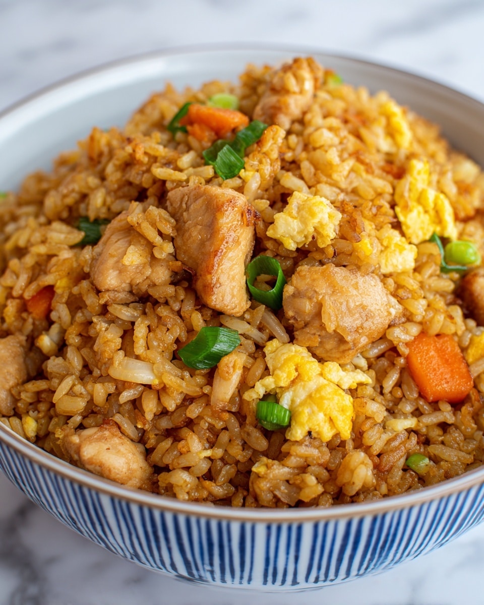 A close-up view of fried rice served in a white bowl with blue vertical stripes around the outside. The fried rice has multiple layers: the main layer is golden-brown cooked rice, mixed with small chunks of light brown cooked chicken, bright orange carrot cubes, pale yellow scrambled egg pieces, and small green onion slices scattered throughout. The textures show some rice grains slightly crispy and shiny from oil, while the chicken and egg pieces look tender and soft. The background is a white marbled texture. photo taken with an iphone --ar 4:5 --v 7