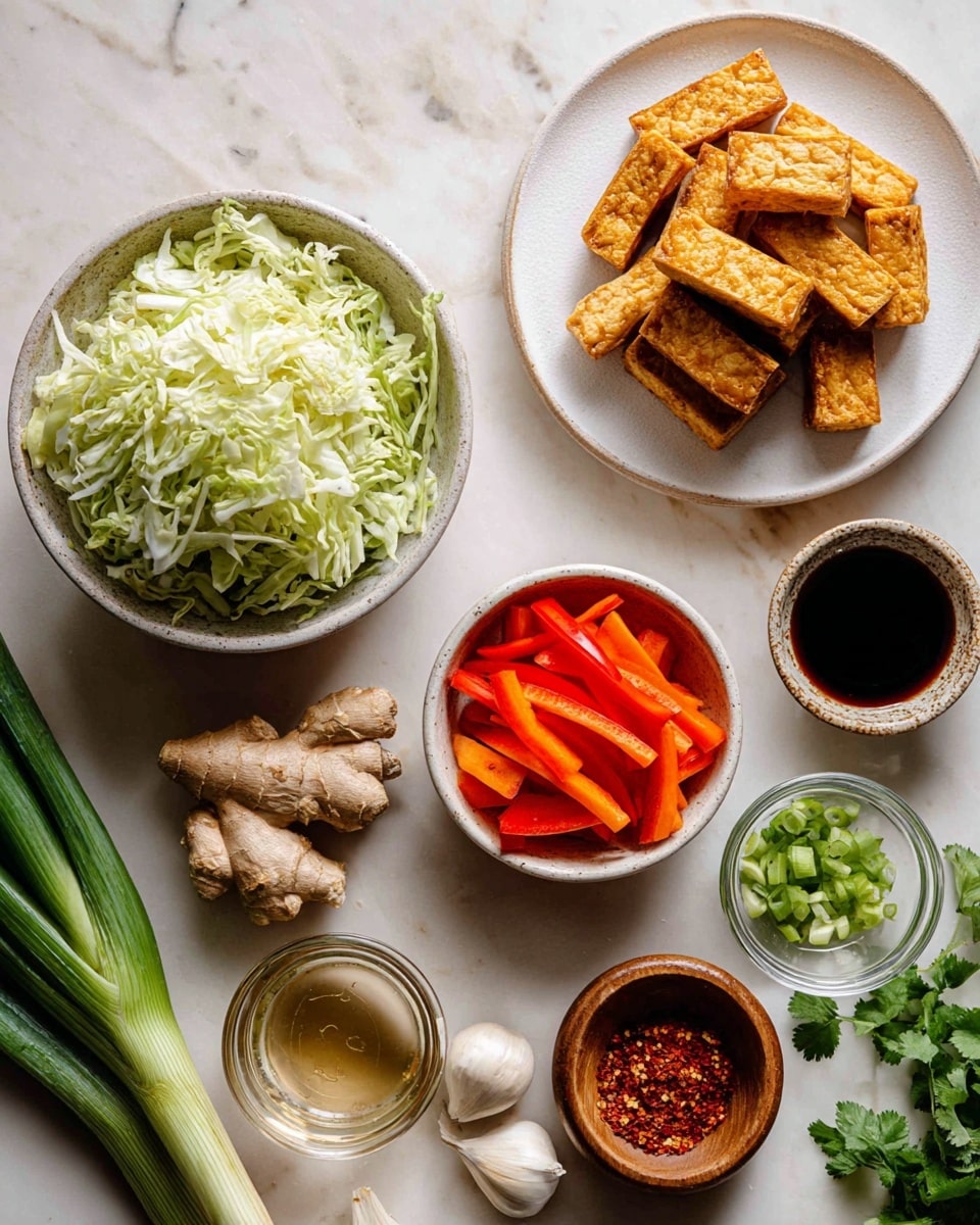 A flat lay image shows bowls and small plates of ingredients on a white marbled surface. On the top left is a bowl filled with light green shredded cabbage with layers showing different shades of green and white. To the right is a white plate with rectangular, golden brown crispy tofu pieces stacked in a pile. Below the plate are two round bowls, one with bright orange carrot sticks and the other with red bell pepper strips. On the left bottom corner, two long green scallions lie next to a small bowl with chopped scallion pieces. Near the center, there is fresh whole ginger root and a bulb of garlic placed side by side. Below them is a clear glass bowl with a small amount of rice vinegar and next to it a dark liquid, tamari sauce, in a small glass bowl. A small wooden bowl holds red pepper flakes. Fresh cilantro leaves with green stems lie on the bottom right. All items are neatly arranged with spacing around each, and the lighting is natural and bright. Photo taken with an iphone --ar 4:5 --v 7