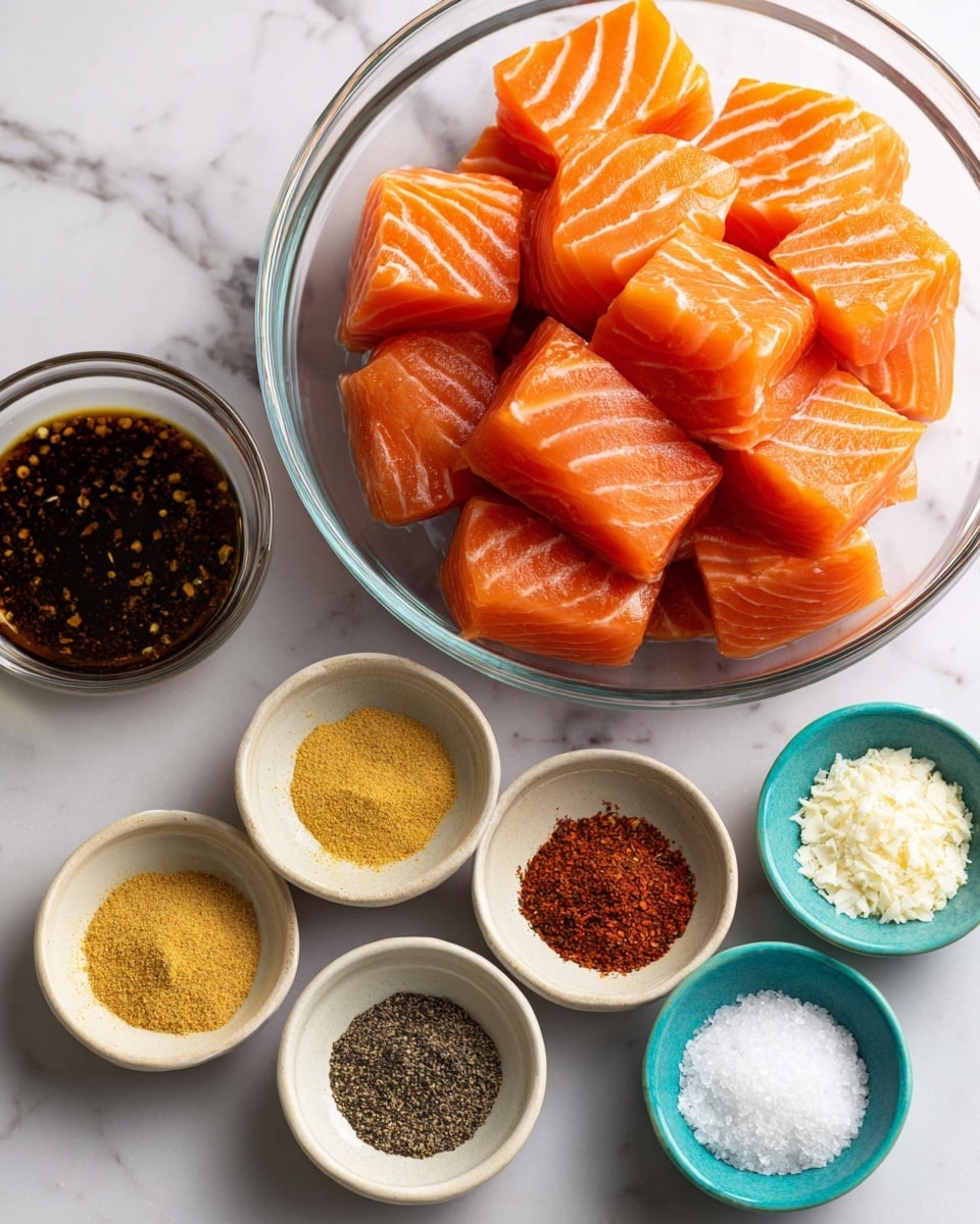 The image shows a white marbled surface with a clear large bowl in the top center filled with bright orange cubes of raw salmon, each piece having visible light lines of fat. Below to the left, a small glass bowl holds a dark honey garlic sauce with visible garlic bits. To the right and below the salmon bowl are six small white bowls rimmed with brown, each containing a different dry ingredient: pale yellow onion powder, dark red paprika, light yellow garlic powder in a bright blue bowl, white kosher salt in a turquoise bowl, black pepper in another turquoise bowl, and white cornstarch in a clear bowl at the bottom. All bowls are placed neatly with their contents clearly visible. The whole setup is clean and organized, photo taken with an iphone --ar 4:5 --v 7