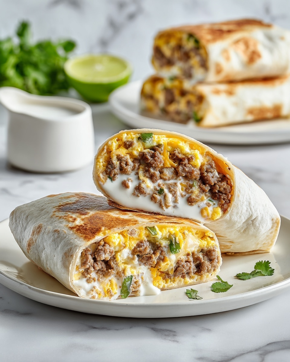 Two breakfast burritos are placed on a white plate with a white marbled surface underneath. Each burrito is cut in half, showing three main layers inside: a bottom layer of white sauce, a middle layer of cooked ground meat with a brownish texture, and a top layer of scrambled eggs mixed with pieces of green bell pepper. More burrito halves are stacked on a second white plate in the background, and there are some fresh green herbs and a lime on the white marbled surface near a small white sauce cup. The photo looks bright and clear, taken with an iphone --ar 4:5 --v 7