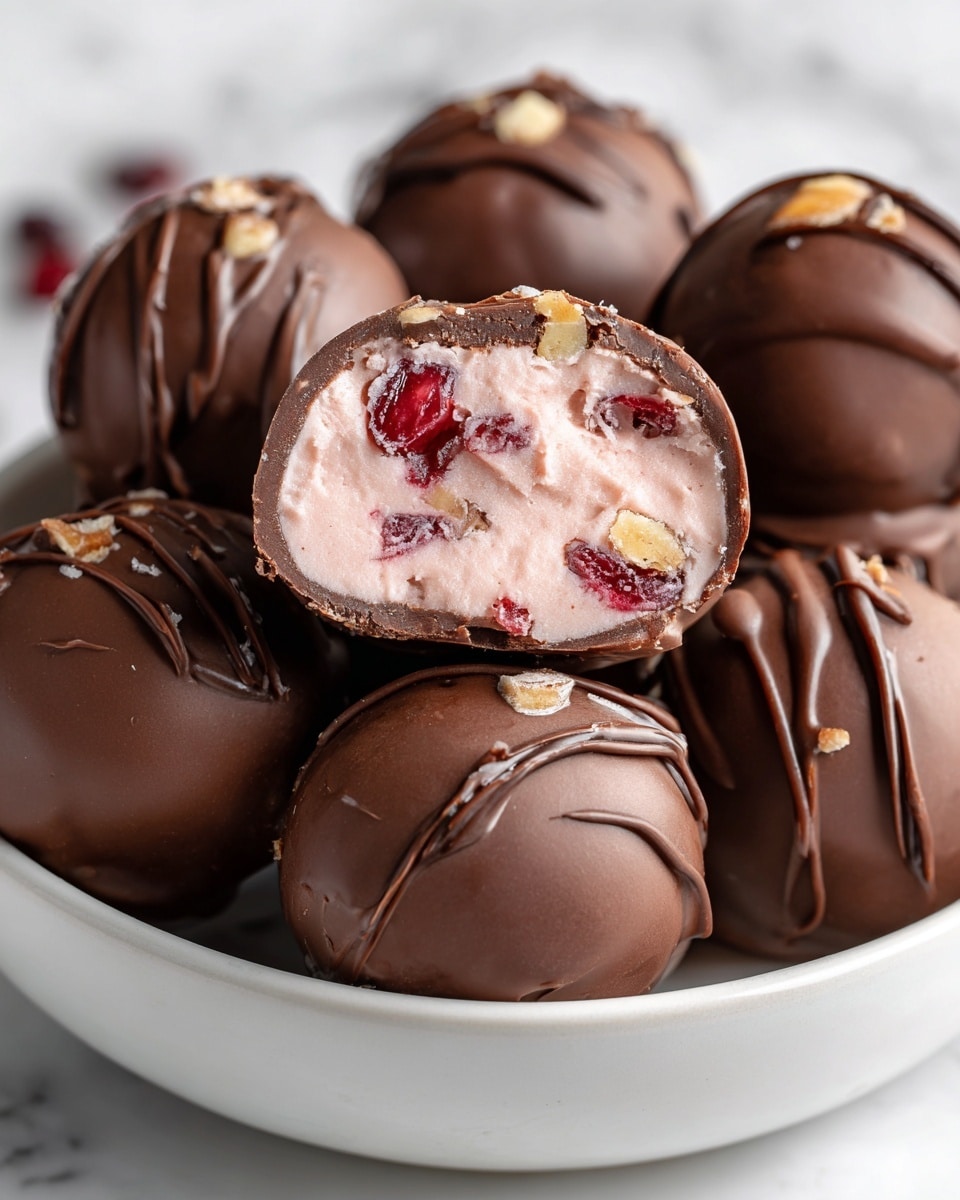 A close-up view of several round chocolate covered balls in a white bowl on a white marbled background, with one piece in front having a bite taken out to reveal three inner layers: a dark brown smooth chocolate outer layer, a creamy light pink middle layer with small red cherry pieces, and bits of light tan nuts mixed inside; the chocolate coating has a slightly shiny texture with some small cracks and a few thin chocolate drizzles on the surface, showing a rich and soft treat photo taken with an iphone --ar 4:5 --v 7
