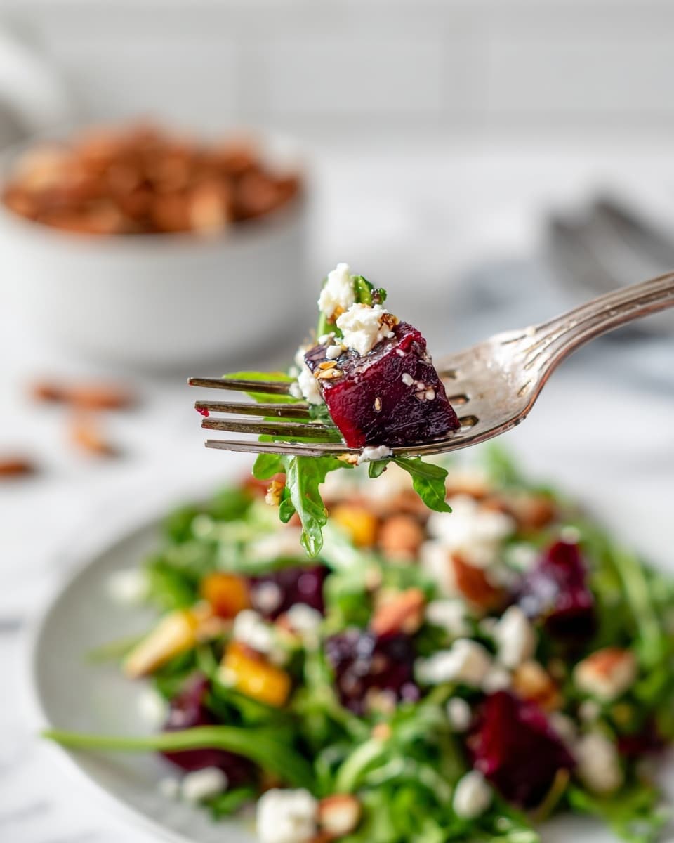 A white plate holds a fresh salad with three main layers: the bottom layer is bright green leafy arugula, the middle layer consists of dark red beet chunks, and the top layer has white crumbled cheese and small brown nut pieces scattered evenly. A gold fork lifts a mix of beet, arugula, and cheese close to the camera, showing the texture and colors clearly. The plate is set on a white marbled surface with a blurred bowl of nuts in the background. photo taken with an iphone --ar 4:5 --v 7