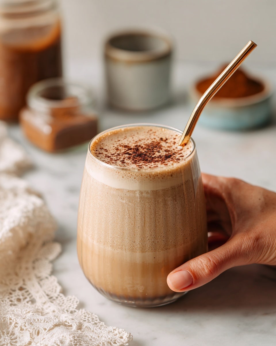 A creamy light brown drink fills a clear glass with a slightly frothy top layer sprinkled with fine dark brown powder. A gold metal straw sticks out from the right side near the top. The glass is held by a woman's hand at the bottom, showing visible skin texture. The background includes a blurred jar and small containers with similar brown contents on a white marbled surface with a lace cloth detail. photo taken with an iphone --ar 4:5 --v 7
