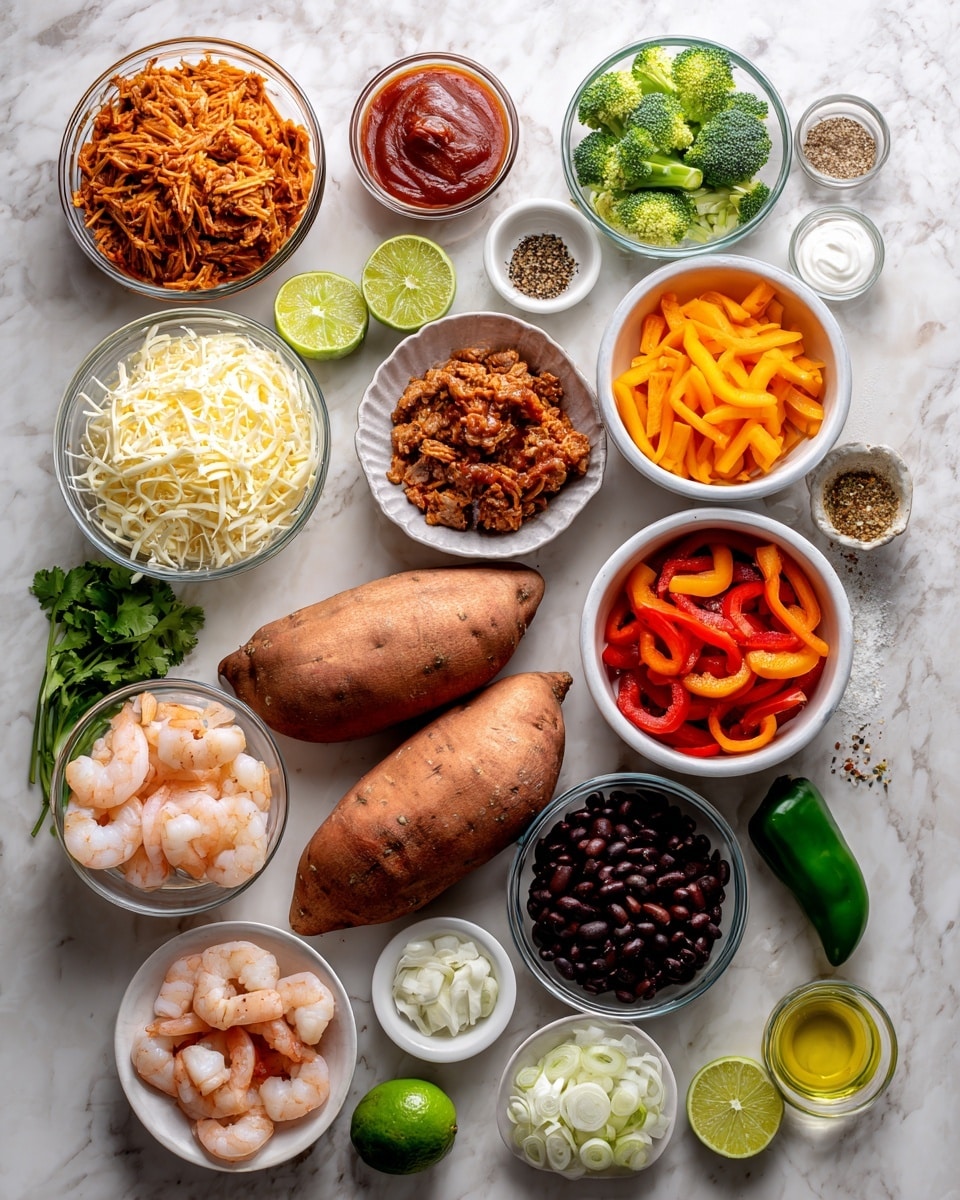The image shows an arrangement of fresh and colorful ingredients on a white marbled background. At the center are four whole sweet potatoes with a rough orange skin. Around them are small white bowls and clear glass bowls holding shredded chicken, cheddar cheese, BBQ sauce, marinara sauce in a measuring cup, shredded mozzarella cheese, ground beef, black beans, sliced bell peppers in red, yellow, and orange, sliced white onions, raw shrimp, minced cilantro, and sour cream. There are also small piles or bowls of green onions, broccoli florets, garlic cloves, a whole green jalapeno, lime halves, and small dishes of seasonings like salt, pepper, Italian seasoning, taco seasoning, fajita seasoning, and olive oil in a small white bowl. Each ingredient is clearly labeled with bold black text on the image. The scene is bright and clean, with everything organized neatly for easy viewing. photo taken with an iphone --ar 4:5 --v 7