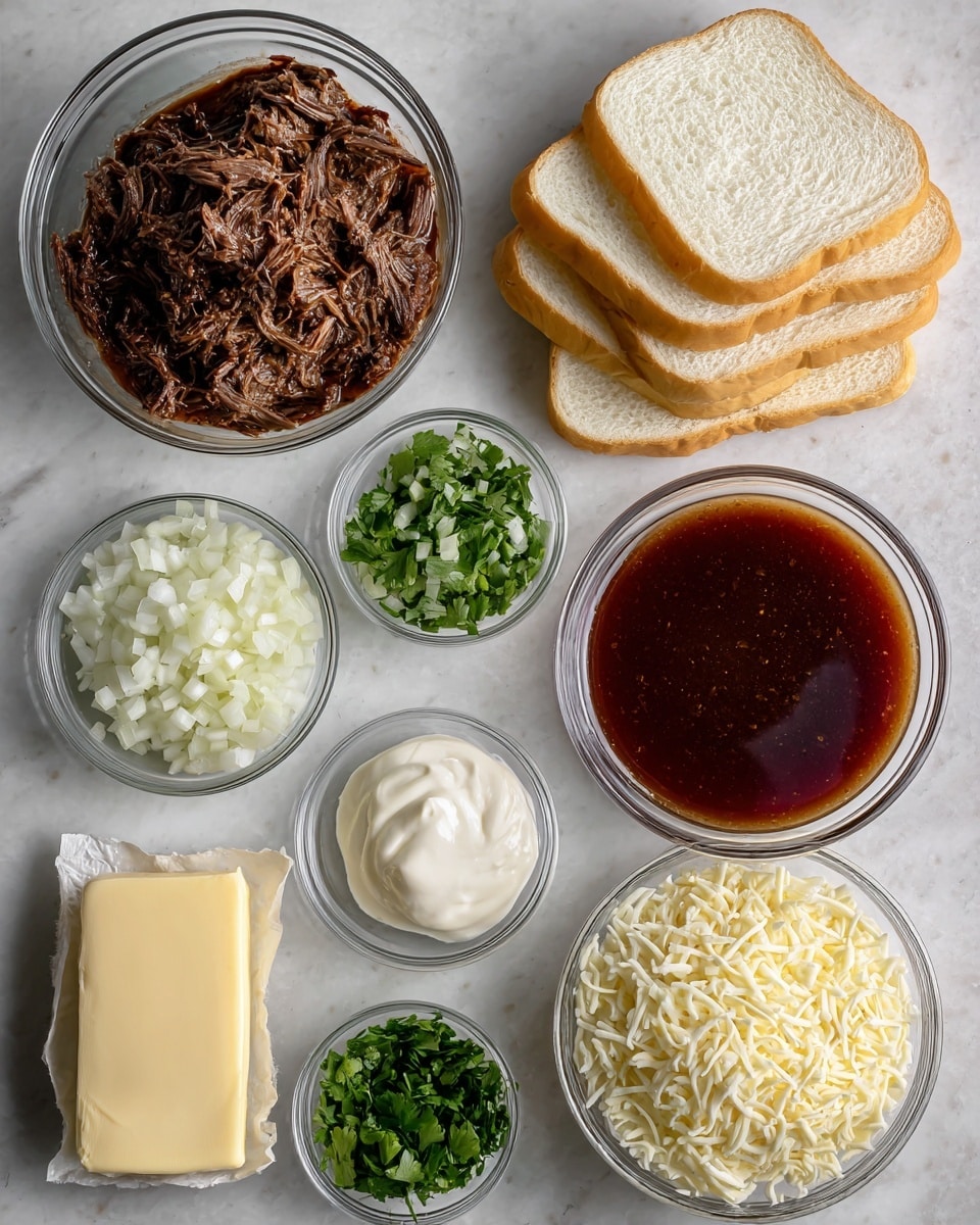 The image shows ingredients laid out on a white marbled background. There is a clear glass bowl with dark brown shredded birria meat at the top left. Next to it on the right, a stack of thick white bread slices is placed in a curved line. Below the meat bowl is a glass bowl filled with dark red consommé sauce. To the right of the consommé is a small glass bowl with white chopped onion. Below the onion is a small glass bowl with chopped green cilantro. To the right of the cilantro is a larger glass bowl filled with shredded white mozzarella and pepper jack cheese mix. Near the bottom left, there is an open stick of pale yellow butter with paper partially peeled back. A small glass bowl with white mayonnaise is placed between the bread and onion bowls. Photo taken with an iphone --ar 4:5 --v 7