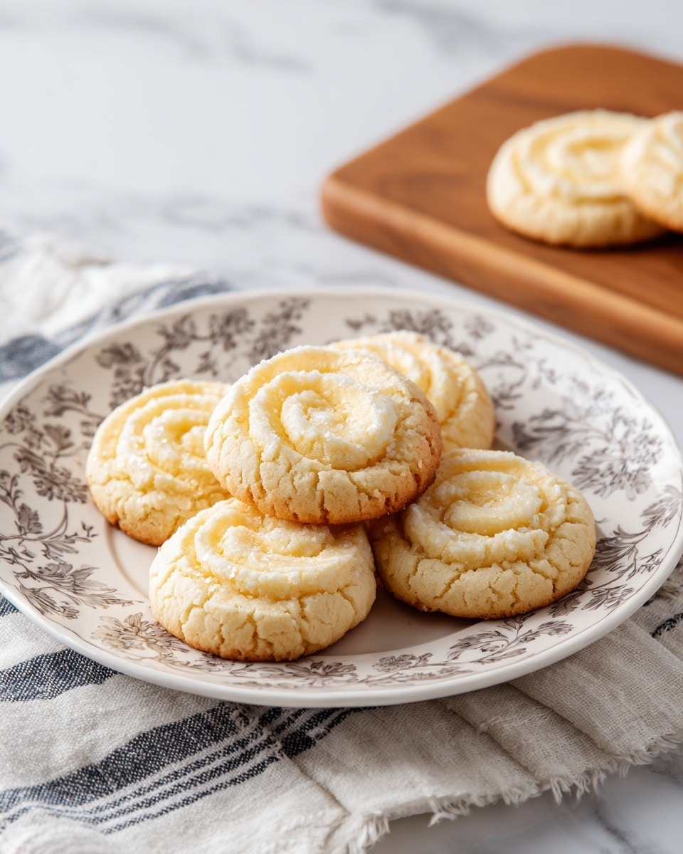 The image shows a group of soft round cookies with a pale golden brown color and a lighter, creamy swirl in the center. Four cookies are on a white plate with a gray floral pattern and slightly raised edge, layered unevenly with some overlapping. Three more cookies are spaced apart on a wooden board with a smooth texture at the top right. The scene is set on a white marbled background with white and blue-striped cloth underneath the plate, creating a cozy presentation. photo taken with an iphone --ar 4:5 --v 7