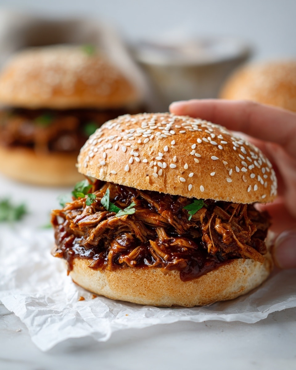 The image shows a sandwich made with two sesame seed buns stacked together. Inside, there is one thick, full layer of shredded meat covered in a rich, dark brown sauce that looks moist and tender. The sandwich sits on a piece of white paper on a white marbled surface, with a blurred background hinting at another sandwich and some kitchen items. A woman's hand is reaching from the right side, about to hold the sandwich. photo taken with an iphone --ar 4:5 --v 7