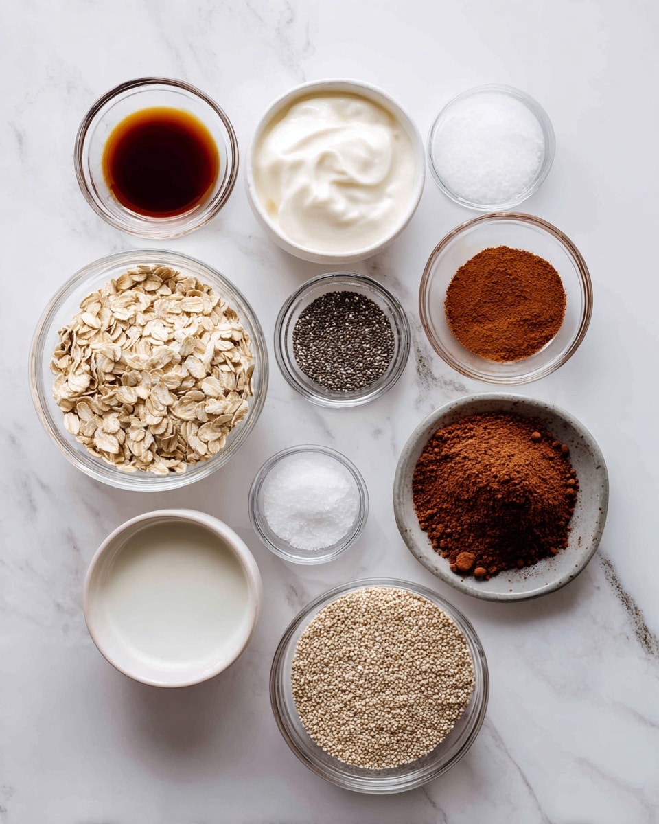 The image shows several small clear glass bowls placed on a white marbled surface, each containing different ingredients for a recipe. Starting from the top and moving clockwise, there is a bowl with dark brown maple syrup, a bowl with small black and white chia seeds, a large bowl filled with smooth and thick white Greek yogurt, a bowl filled with light tan rolled oats, a small bowl holding dark brown vanilla extract, a clear bowl with a white liquid almond milk, a tiny bowl with white sea salt crystals, a small bowl with reddish-brown cinnamon powder, a bowl of light brown ground flax seeds, and in the center, a bowl with fine, cracked cocoa powder. All the bowls are clear glass and the ingredients are neatly arranged, creating a clean and organized look photo taken with an iphone --ar 4:5 --v 7