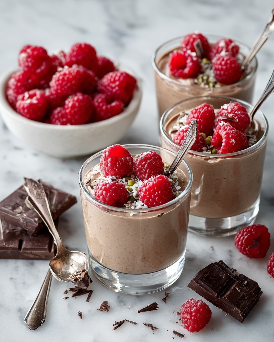 Three clear glasses are filled with a creamy brown mixture topped with bright red raspberries and sprinkled with small white and green seeds. Each glass has a shiny brown spoon sticking out. To the left, there is a clear white bowl holding more fresh raspberries. Pieces of dark chocolate are scattered around on a white marbled surface. The blueberries and chocolate give a fresh and rich feeling. photo taken with an iphone --ar 4:5 --v 7