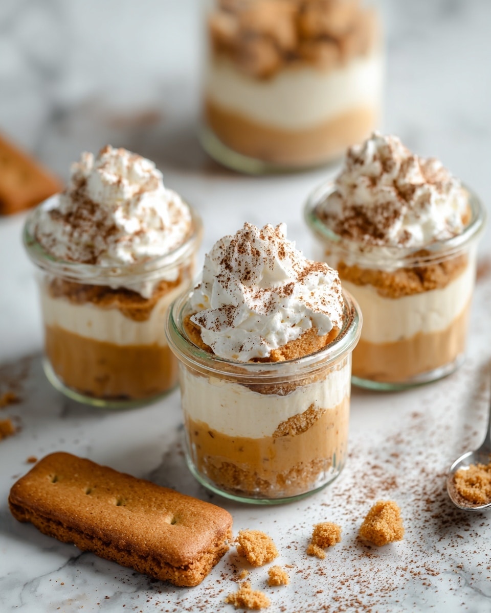 The image shows three small glass jars filled with a dessert placed on a white marbled surface. Each jar has three visible layers: the bottom layer is a light brown creamy pudding, the middle layer consists of crumbled light tan cookie pieces, and the top layer is white whipped cream sprinkled with a darker brown powder, likely cinnamon or cocoa. In the foreground, a whole rectangular biscuit lies on the surface along with some crumbs and small brown powder scattered around. The background is softly blurred with one larger glass jar with a similar dessert slightly out of focus. The photo was taken with an iphone --ar 4:5 --v 7
