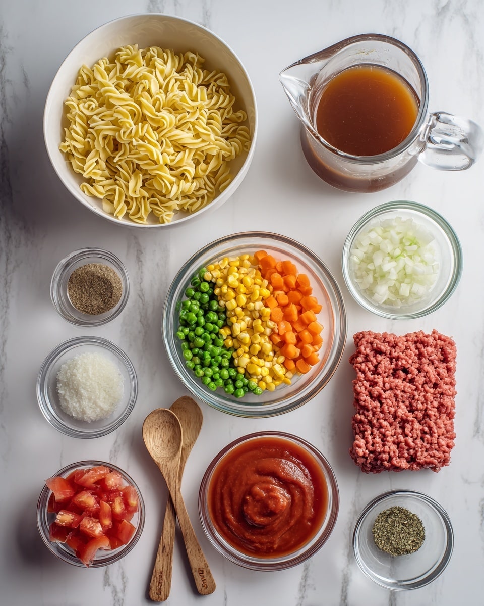 The image shows various cooking ingredients arranged on a white marbled surface. There is a white bowl filled with curly yellow egg noodles at the top left. Next to it on the right is a small clear glass pitcher with brown beef broth. Below the noodles is a clear glass bowl with colorful frozen mixed vegetables, including orange carrots, green beans, and yellow corn. To the right is a small clear bowl of white chopped onion. Below that is a white bowl of smooth bright red tomato sauce. Near the bottom right, there is a rectangular package of ground beef in red wrapping. Nearby are small clear bowls holding minced garlic, brown Worcestershire sauce, and dried green Italian seasoning. Two small wooden spoons hold salt and black pepper. A clear bowl of red diced tomatoes with seeds is placed near the bottom left. The whole setup looks clean and organized for cooking. Photo taken with an iphone --ar 4:5 --v 7