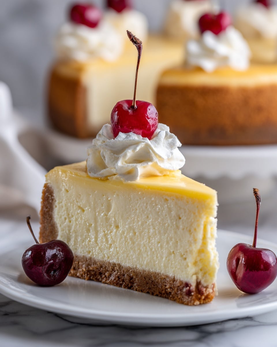 A slice of cheesecake sits on a white plate with a thick, golden brown crust on the bottom, a large middle layer of creamy light yellow cheesecake with a smooth texture, and a thin, slightly shiny top layer of the same light yellow color. On top of the cheesecake is a small swirl of white whipped cream, with a bright red cherry sitting on the whipped cream, its dark green stem standing upright. A second cherry with a stem lies on the plate near the cheesecake slice. In the blurred background, more slices of cheesecake with similar decoration are visible on a white marbled surface. photo taken with an iphone --ar 4:5 --v 7