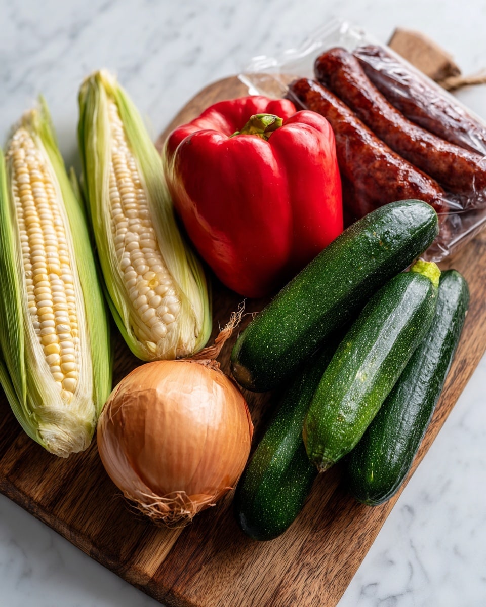 The image shows fresh ingredients on a wooden board placed on a white marbled surface. There are two ears of corn with green husks and light yellow kernels on the left side. Next to them, there is a large red bell pepper with a shiny, smooth surface, followed by three dark green zucchinis with smooth, slightly speckled skins stacked closely together. A large brown onion with a shiny peeled patch is at the front bottom. At the top right, a package of dark reddish-brown sausageon the board. The overall setting is bright, with natural colors and textures creating a fresh, wholesome scene photo taken with an iphone --ar 4:5 --v 7