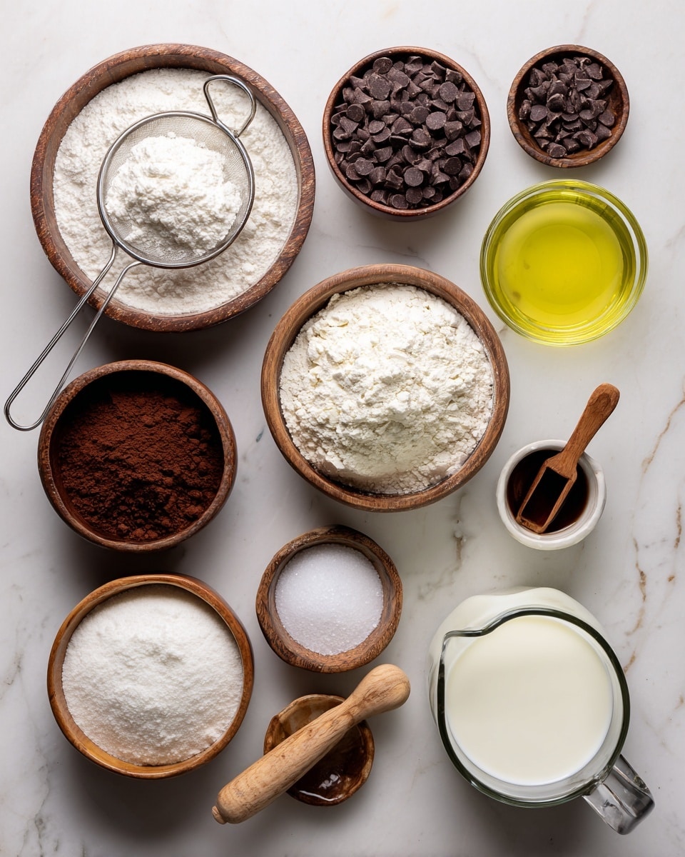 The image shows a variety of baking ingredients arranged neatly on a white marbled surface. There are nine containers: a wooden bowl filled with powdered sugar with a metal sieve on top, a small white bowl of dark chocolate chips, a wooden bowl of white flour, a clear glass bowl filled with dark brown cocoa powder, a small white bowl holding a dark brown vanilla extract, a small wooden bowl with white baking powder, another wooden bowl with a small amount of white baking soda, a small white bowl filled with white salt and a small wooden scoop resting inside, a clear glass measuring cup holding white milk, and a white measuring jug filled with light yellow vegetable oil. Above each container, black text labels the ingredients clearly. photo taken with an iphone --ar 4:5 --v 7
