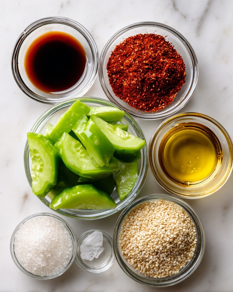 A top view of seven small clear glass bowls arranged on a white marbled background. The largest bowl in the center holds bright green Persian cucumber pieces cut into thick semi-circles with a crunchy texture. Surrounding this, the bowl on the left holds dark brown soy sauce with a smooth surface. At the top right, a bowl contains finely ground Korean chili powder in a rich red color with a coarse texture. Below the chili powder bowl on the right is light golden sesame oil that looks clear and shiny. To the bottom right, white sugar crystals fill a bowl with a grainy texture. Bottom center shows a bowl of clear rice vinegar with a smooth sheen, and the bottom left bowl is filled with small off-white sesame seeds that have a rough texture. The image is clean and bright. photo taken with an iphone --ar 4:5 --v 7