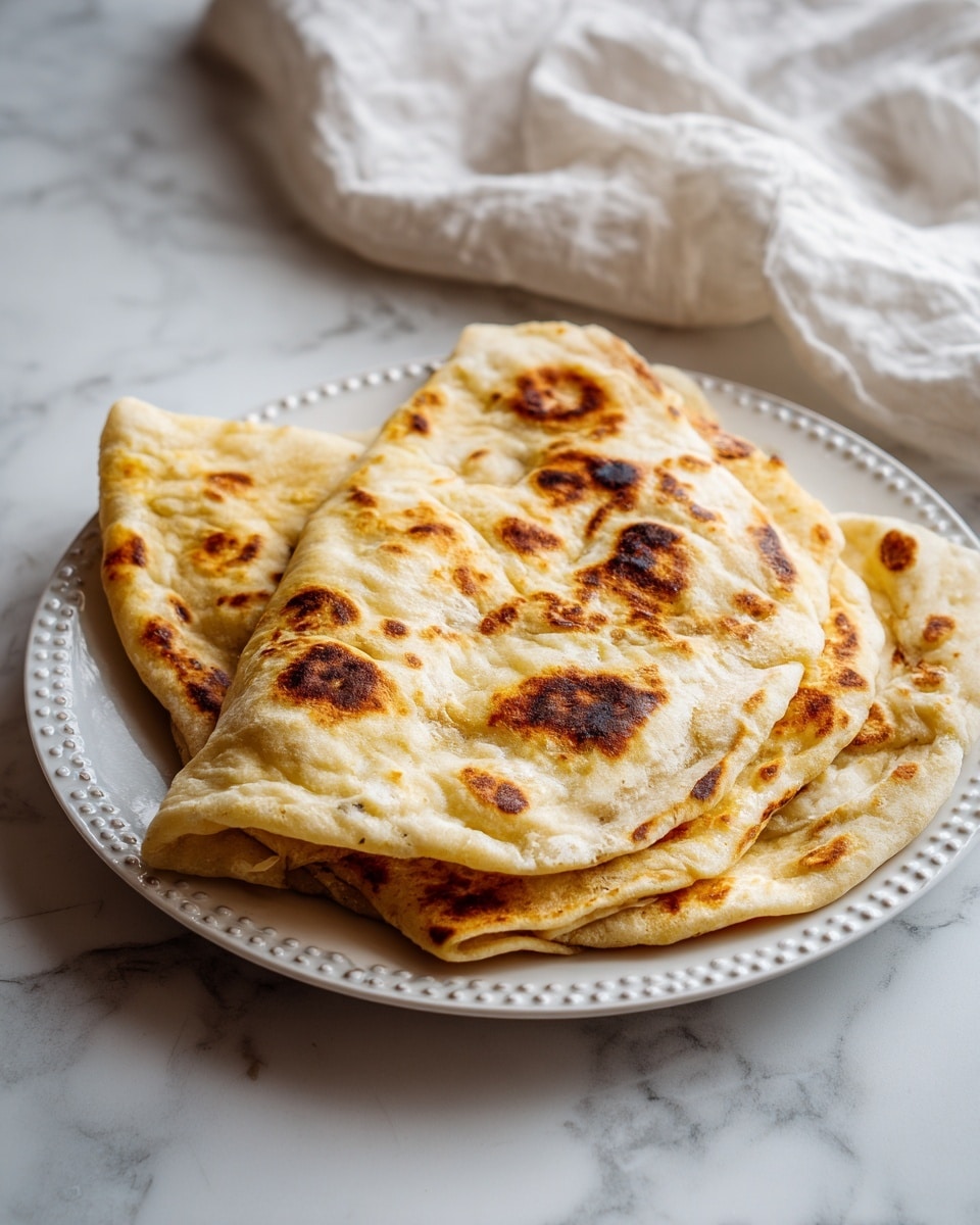 A stack of two folded flatbreads placed on a white plate with a dotted rim, each flatbread showing uneven golden-brown and dark brown charred spots. The flatbreads are folded in a way that some edges are tucked under while others show light, soft beige bread with slight bubbles. The plate rests on a white marbled surface with a crumpled white cloth in the background. photo taken with an iphone --ar 4:5 --v 7