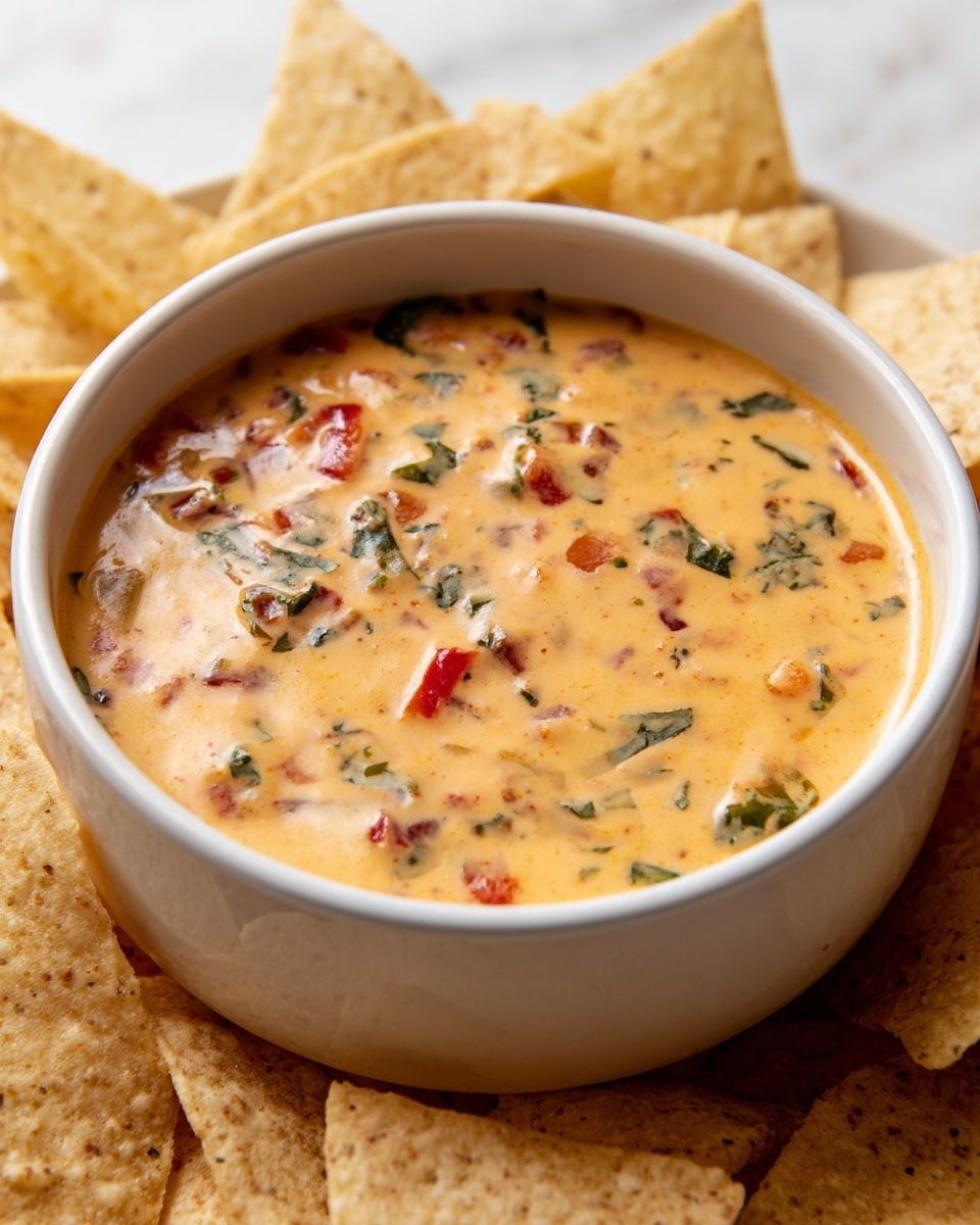 A close-up shot of a white bowl filled with smooth, creamy cheese dip that is light orange in color with small pieces of red and green vegetables mixed inside. The bowl is placed on a white marbled surface surrounded by light beige, triangular tortilla chips with a slightly rough texture. The dip has a shiny appearance and fills the bowl almost to the top, showing some dips along the edge. photo taken with an iphone --ar 4:5 --v 7