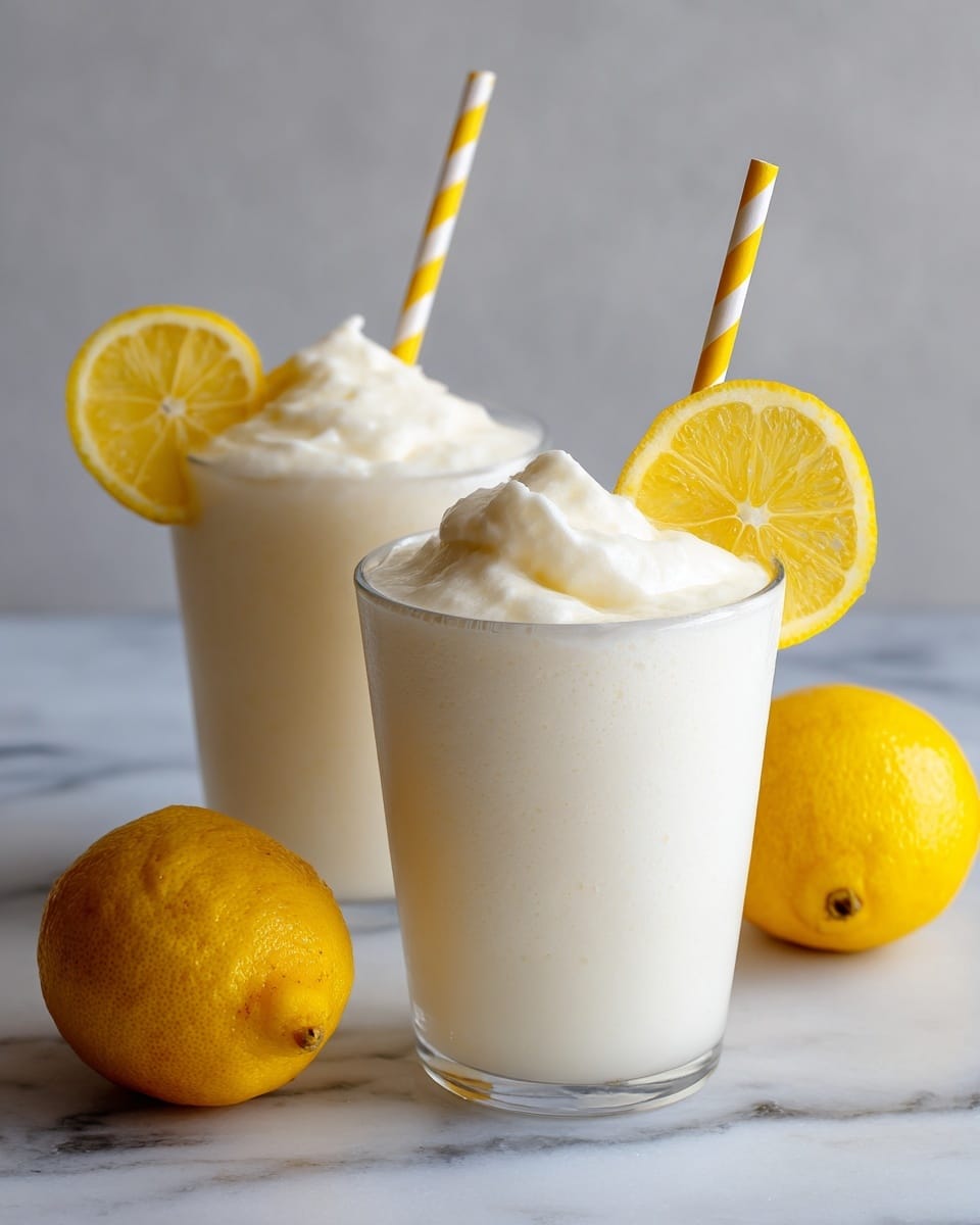 The image shows two clear glasses filled with a smooth, creamy white drink. Each glass is topped with a thin layer of foam and has a yellow-and-white striped paper straw placed near the edge. A bright yellow lemon slice is placed on the rim of each glass, adding a fresh touch. The glasses sit on a white marbled surface with two whole yellow lemons nearby, enhancing the fresh and citrusy look. The lighting is soft and natural, highlighting the smooth texture of the drink and the vibrant color of the lemon slices. Photo taken with an iphone --ar 4:5 --v 7