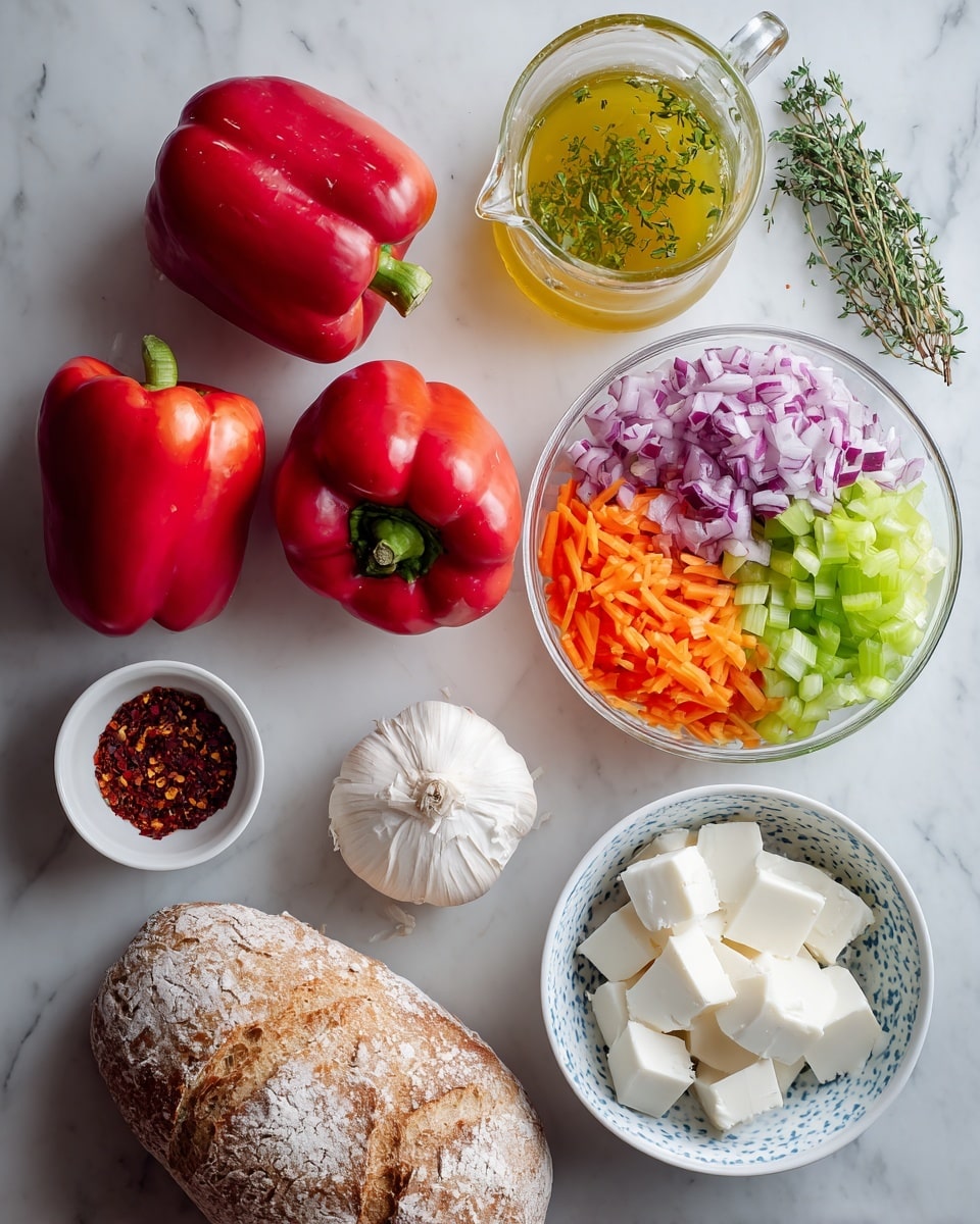The image shows fresh ingredients for roasted red pepper soup arranged on a white marbled surface. There are three whole red peppers with shiny, smooth skins placed near the center. To the right, a clear glass bowl holds three chopped layers: finely diced red onion in purple, celery in pale green, and carrots in bright orange, all neatly separated inside the bowl. Above the peppers, a glass jug contains yellowish stock with green herbs floating on top, and nearby, a small bowl of smooth single cream shows a creamy white liquid. To the left, there is a whole bulb of garlic with papery white skin and a bunch of fresh green thyme. A small white bowl holds red chili flakes, and a rustic sourdough bread loaf with a cracked, flour-dusted crust sits in front. Lastly, a white bowl with blue speckles holds cubes of white feta cheese. Photo taken with an iphone --ar 4:5 --v 7
