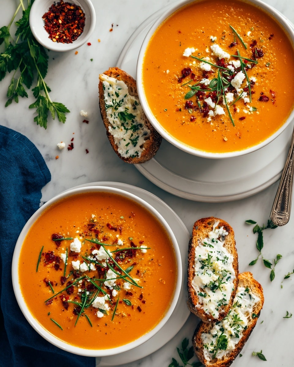 Two white plates each hold a white bowl filled with smooth orange soup. The soup has small red flakes, white crumbly cheese, and green herb sprigs on top. Next to the bowls, on each plate, are two slices of toasted bread with white creamy cheese and green herbs spread on them. The scene is set on a white marbled surface with scattered green herbs and red flakes nearby. A small white bowl with some red flakes sits on the surface, and a dark blue cloth is placed to the side. photo taken with an iphone --ar 4:5 --v 7