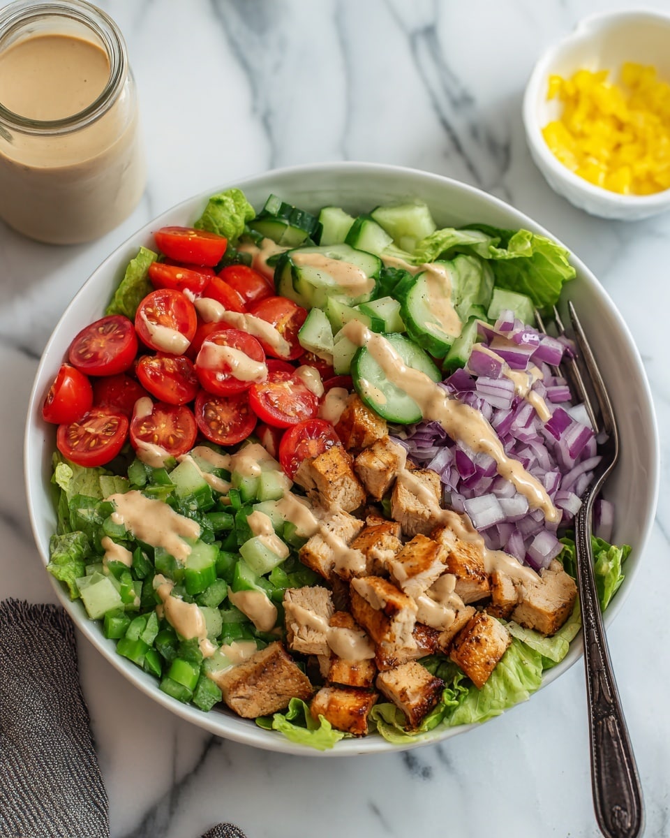 A white bowl filled with a fresh salad with four main layers: at the bottom, green leafy lettuce covers the bowl; on the left side, bright red cherry tomatoes are sliced in half; next to them, chopped green cucumber pieces form a textured layer; on the right, finely chopped purple onion adds color and roughness. The top center layer features small, browned grilled chicken cubes drizzled with a creamy light sauce. A dark fork is placed on the right side of the bowl, resting on the lettuce. In the background, a white marbled surface holds a small white jar with a similar creamy sauce and a white bowl with a yellow garnish. Photo taken with an iphone --ar 4:5 --v 7