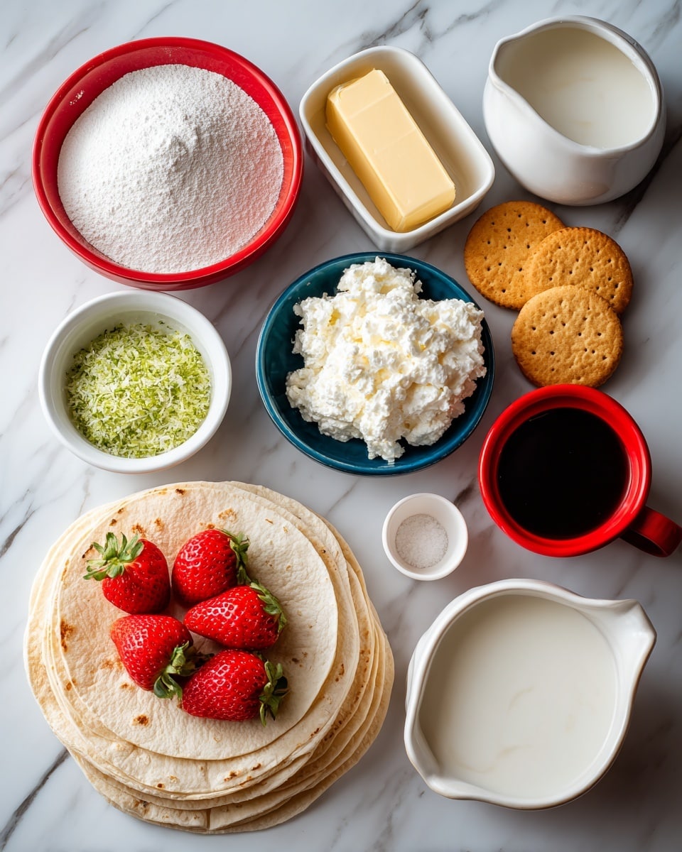 The image shows several ingredients placed on a white marbled surface, each in separate white and red bowls or containers. At the bottom left, there is a stack of light beige tortillas with a small bunch of bright red fresh strawberries resting on top. To the right of the tortillas, a blue bowl holds golden brown round crackers. Above the crackers, a small white bowl contains white cream cheese with a soft, crumbly texture. Next to it is a tiny white bowl filled with bright green lime zest. Above the lime zest, a white cup has a pale yellow block of butter. To the right of the butter, a small white bowl holds dark brown vanilla liquid. At the top left, a red bowl contains white corn starch powder, and next to it, a white creamer holds off-white cream. At the center, a bigger red bowl is filled with fine white sugar powder. All the bowls and ingredients are neatly arranged to clearly show their distinct textures and colors. photo taken with an iphone --ar 4:5 --v 7