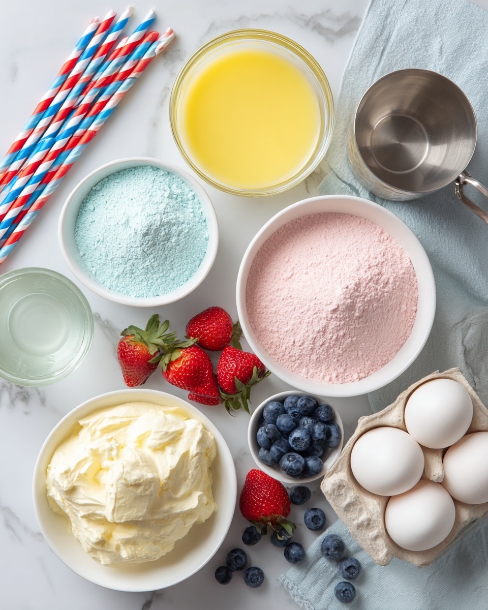 The image shows small white bowls and containers arranged on a white marbled surface holding ingredients for a dessert. One bowl has a light blue powder another has a pink powder There is a clear container with yellow liquid a metallic cup with water, and a white bowl full of whipped cream Fresh strawberries and blueberries rest near the bottom center. A white bag of cake mix is next to the fruits. To the right, eggs sit in a white container. Above the bowls, red and blue striped paper straws are placed on a white cloth. The scene is bright and clean, with soft natural light. photo taken with an iphone --ar 4:5 --v 7
