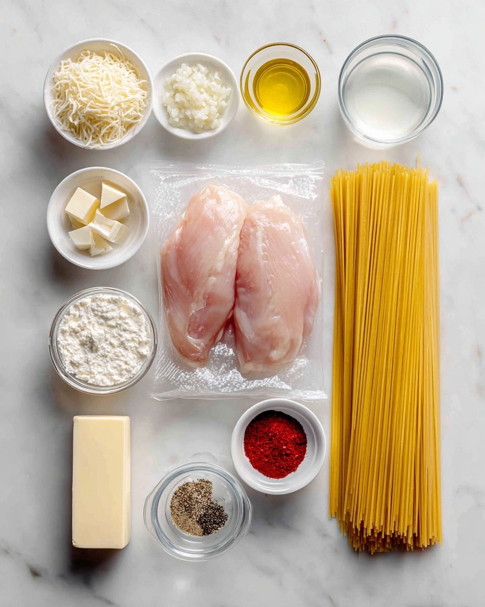 The image shows raw ingredients laid out neatly on a white marbled surface. In the center right, a bundle of yellow uncooked spaghetti lies flat. To the left of the spaghetti, there is a white pack holding two large pale pink raw chicken fillets. Around these main items, small white bowls contain various seasonings and ingredients: shredded white cheese at the top left, minced garlic in a tiny square bowl above the chicken, a bowl of clear golden oil above the spaghetti, granulated white salt in a white bowl above pepper in the top right, black pepper in a white bowl in the middle right, a clear cup of thick cream next to the pepper, an off-white powder in a small square bowl at the bottom left, bright red paprika powder near the bottom center, and a glass bowl with soft white cream near the bottom left corner. A long rectangular stick of pale yellow butter is below the chicken pack. The arrangement is clear and tidy, all placed on the smooth white marbled surface. Photo taken with an iphone --ar 4:5 --v 7