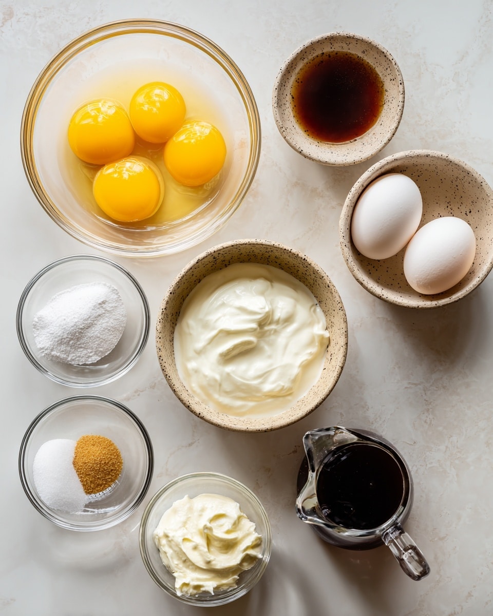 Top view of different baking ingredients arranged on a white marbled surface. There is a glass bowl with clear and slightly yellow egg whites on the left, and next to it is a speckled beige bowl holding four bright yellow egg yolks. A glass measuring cup filled with white heavy cream is placed near the center. Small clear glass bowls hold white sugar, light brown sugar, salt, cream of tartar, and vanilla extract, all labeled with black text on white backgrounds. A small glass bottle with dark coffee liquid is also included. The setup is neat with each ingredient clearly visible and separated. Photo taken with an iphone --ar 4:5 --v 7